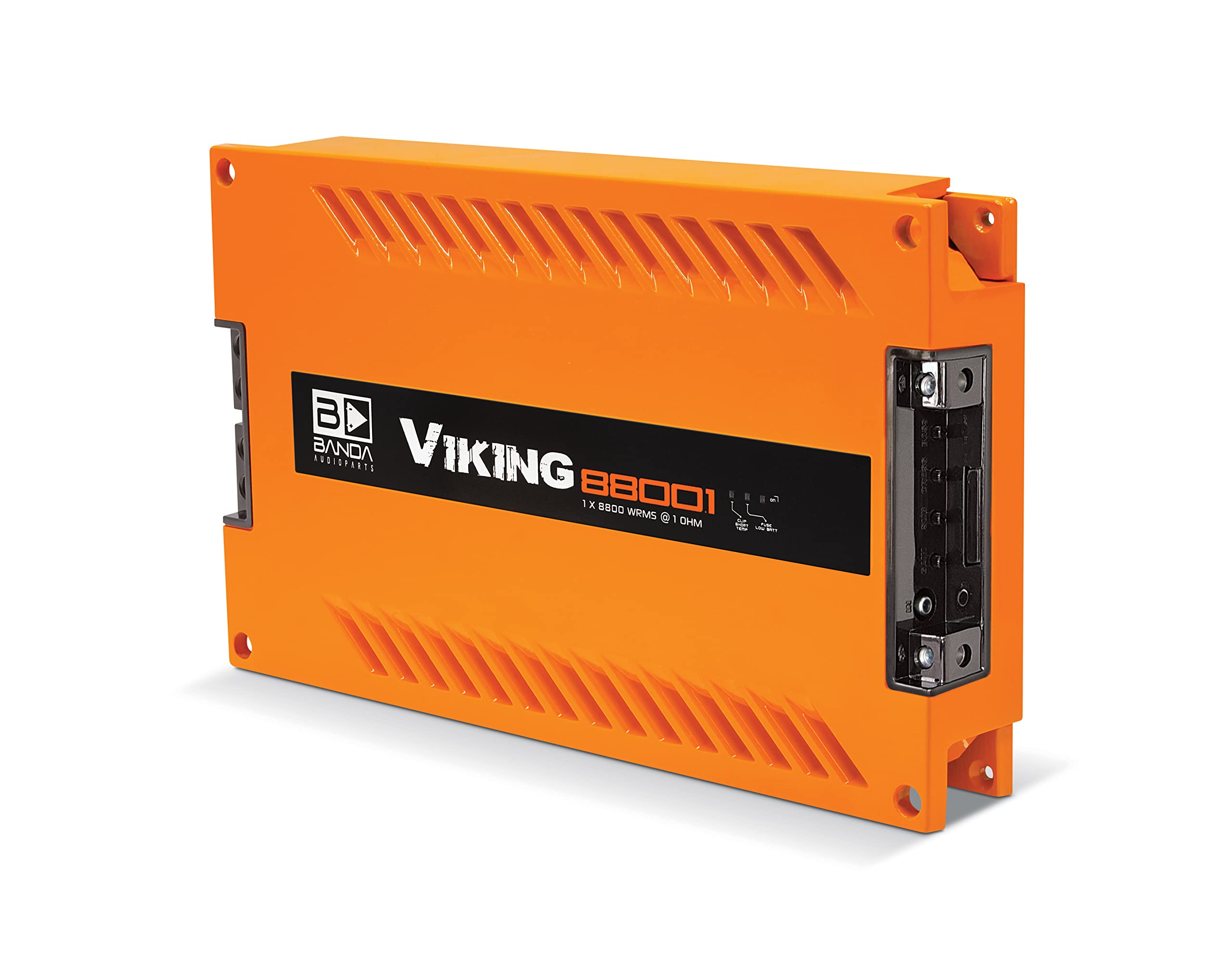 1-Channel Vehicle Audio Bass Amplifier - High-Powered Mono Bass Amplifier w/Subsonic Filter and Low Pass Filter Stable at 1 ohm, LED Indicators, Sound Specialization, Orange - BANDA VIKING8800.1ORAN