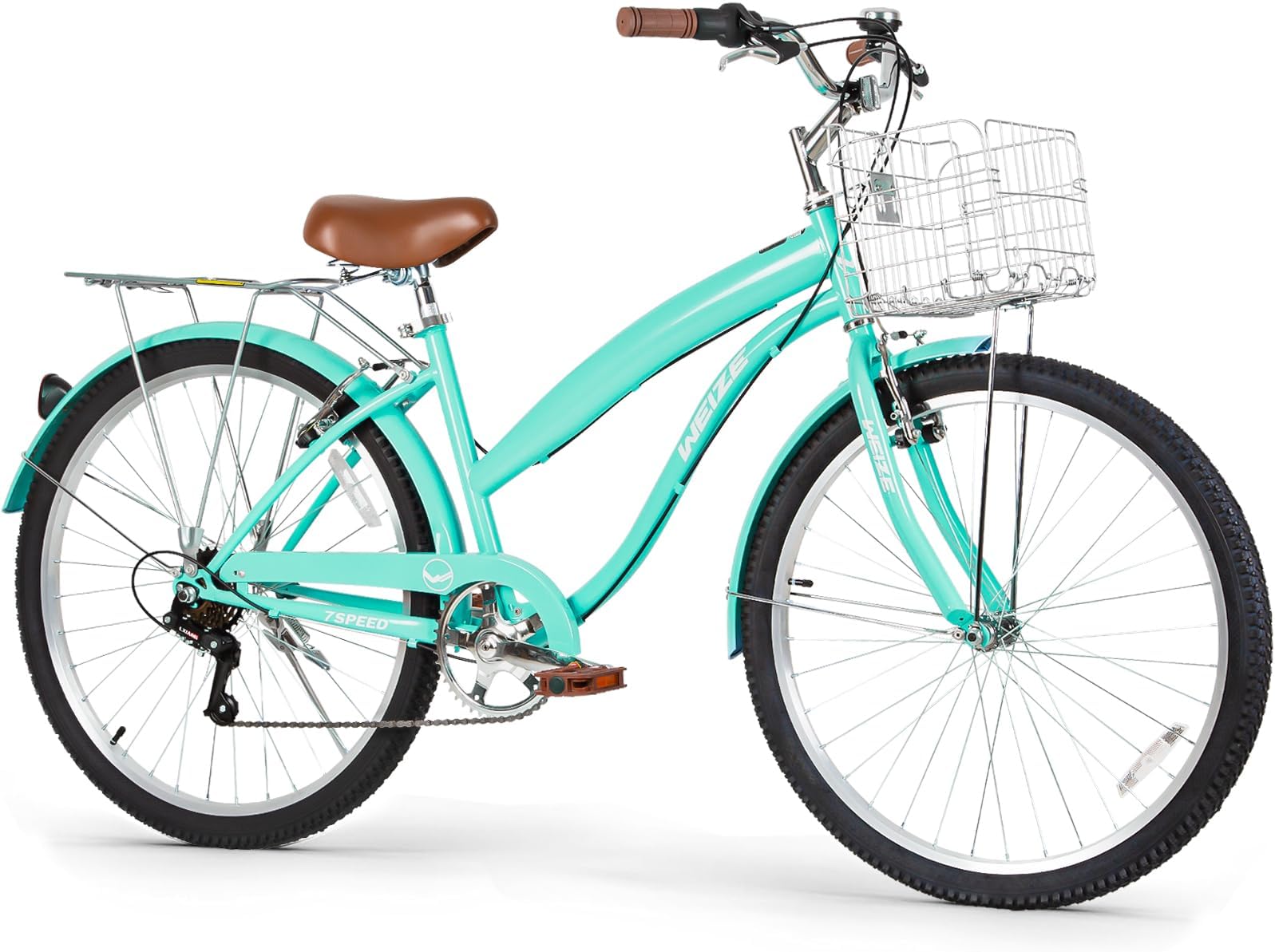 WEIZE Beach Cruiser Bike, 26 inch Commuter Bicycle for Adult Men and Women, 7-Speed/High-Carbon Steel/Front & Rear Fenders, Comfortable City Bikes with Rear Rack&Basket, Ergonomic Upright Design
