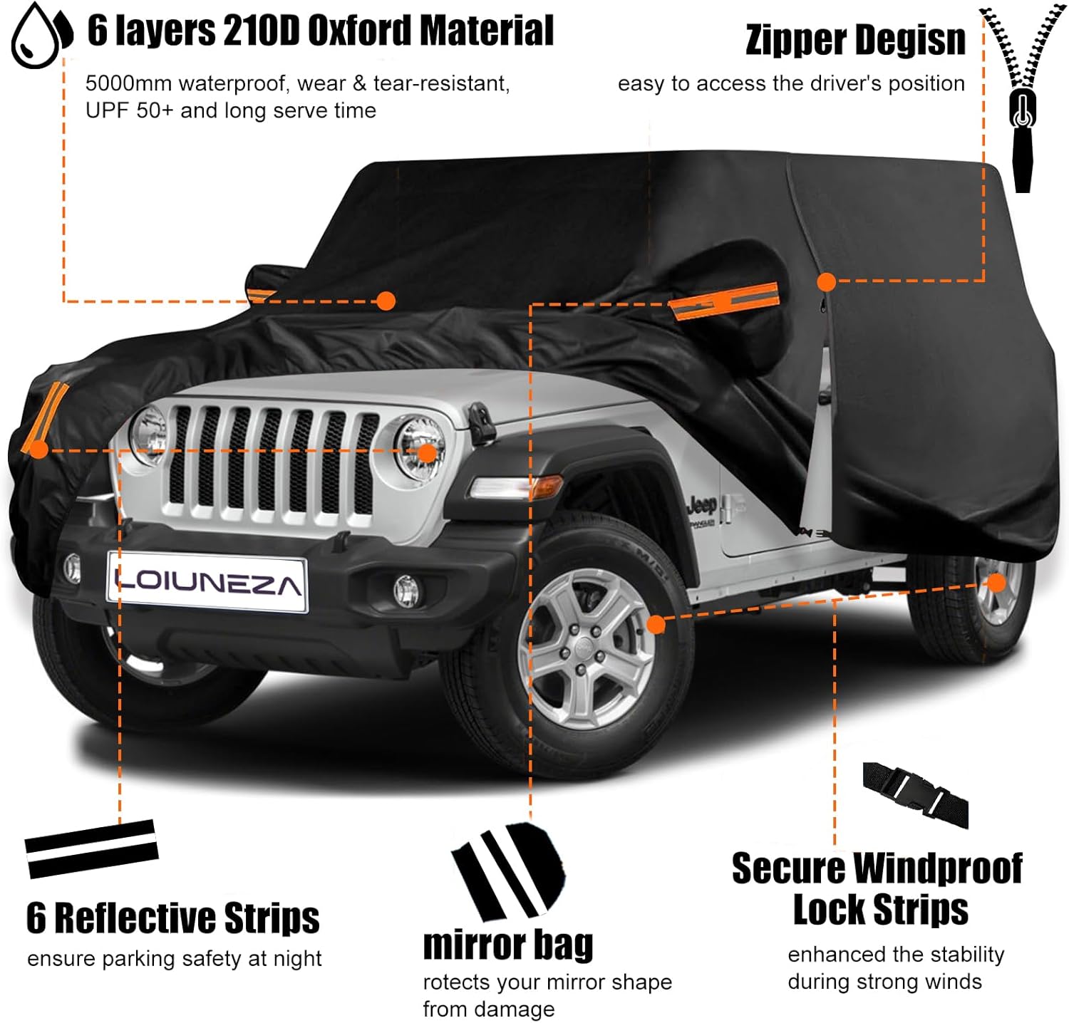 Outdoor Car Cover for 1987-2023 Jeep Wrangler JK JL CJ YJ TJ, 210D Oxford SUV Car Cover Waterproof All Weather, Outdoor Full Exterior Covers with Windproof Straps for Snow Rain Dust Hail Protection