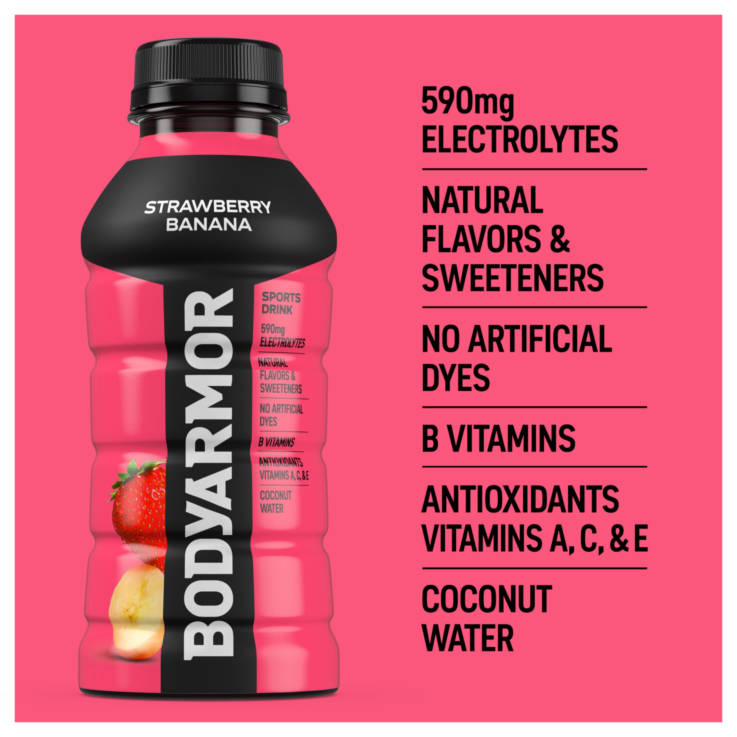 BODYARMOR Sports Drink, Strawberry Banana, Electrolyte Drink Hydration, 12 Fl Oz Bottles (8 Pack), Flavored Coconut Water with B Vitamins & Antioxidants