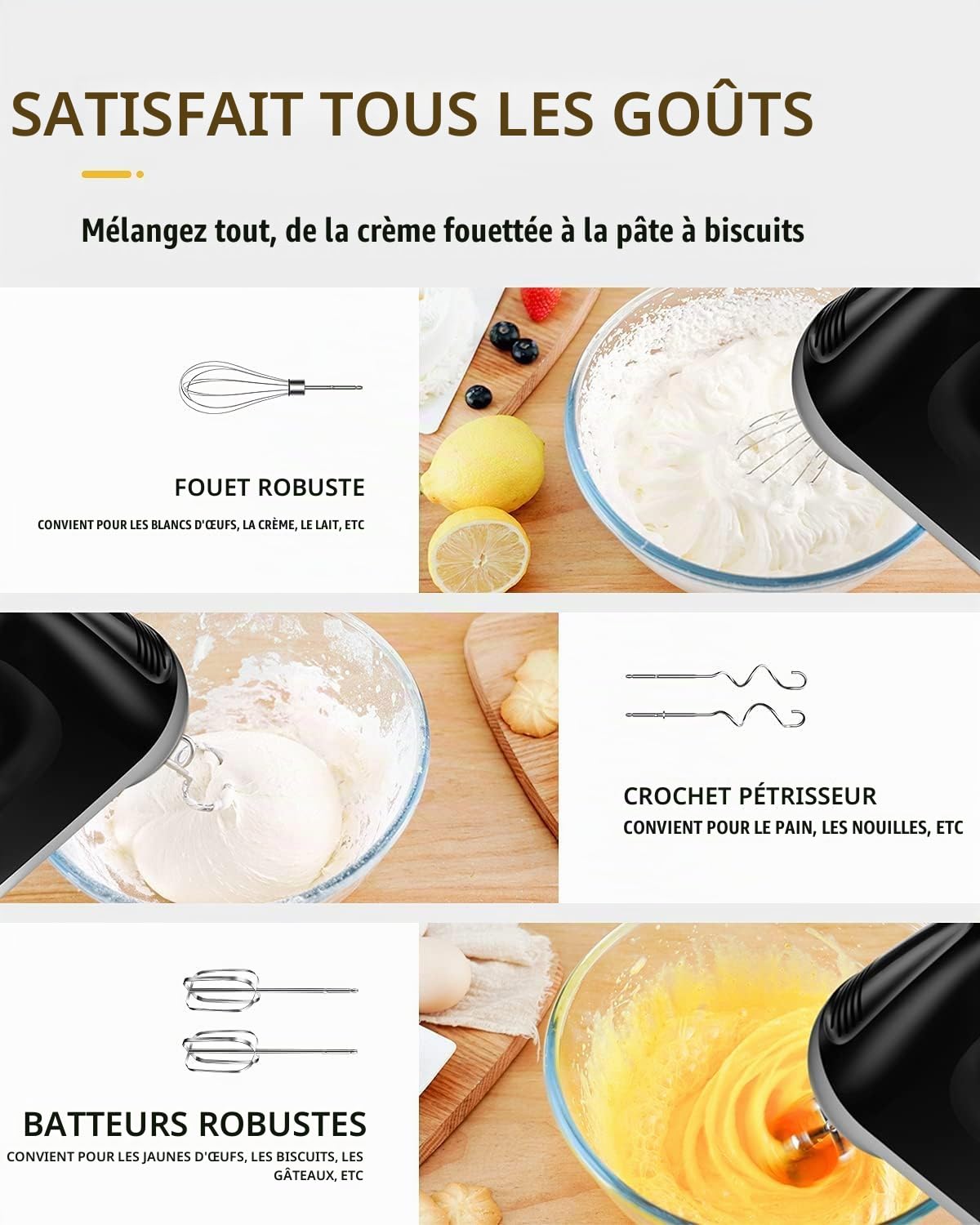 Mixeur plongeant électrique à main, 6 niveaux, turbo, sans éclaboussures, mixeur plongeant avec boîte de rangement, 5 accessoires en acier inoxydable, noir, moteur silencieux de 400 W