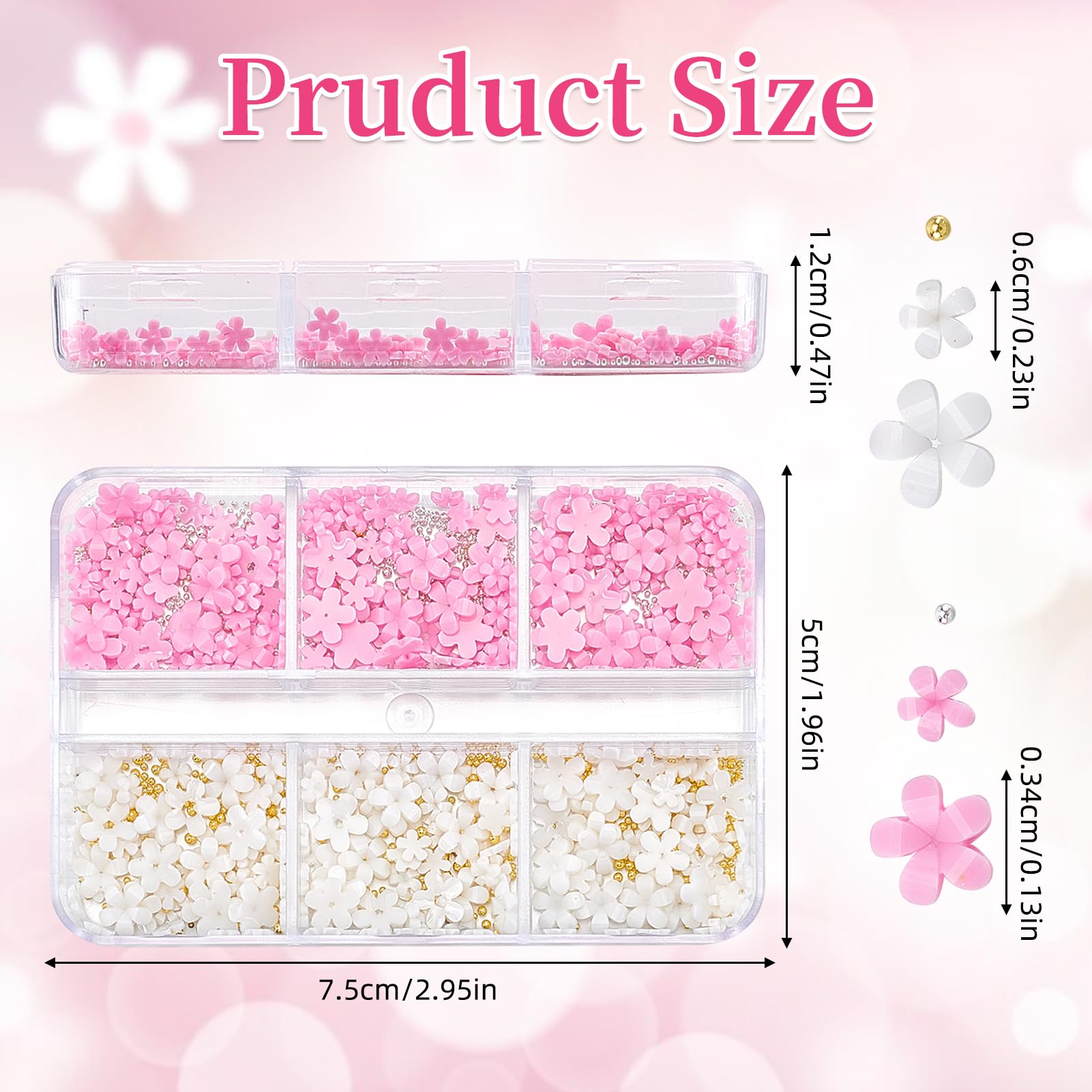 NICENEEDED 3D Flowers Nail Art Charms, White Pink Acrylic Nail Charms Nail Art Rhinestones with Gold Silver Round Beads - Image 2