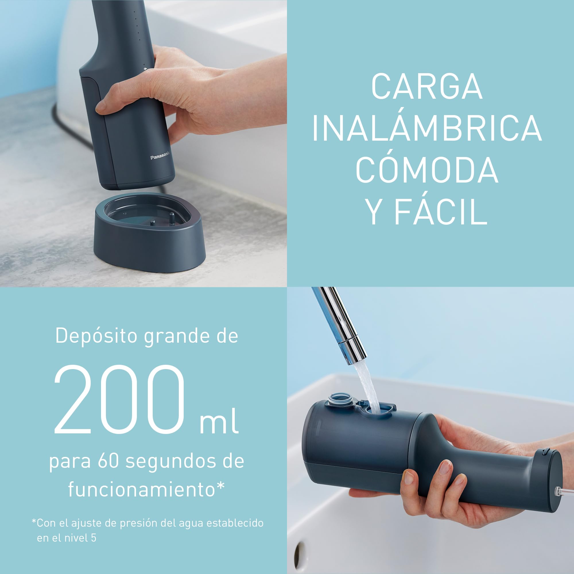 Panasonic Serie 600 Irrigador Bucal Ultrasónico EW-DJ66-A303, Irrigador Bucal para Dientes, 200 ml, IPX7, 2 Boquillas Ultrasónicas, 5 Presiónes, Accesorio de Viaje, Azul Marino