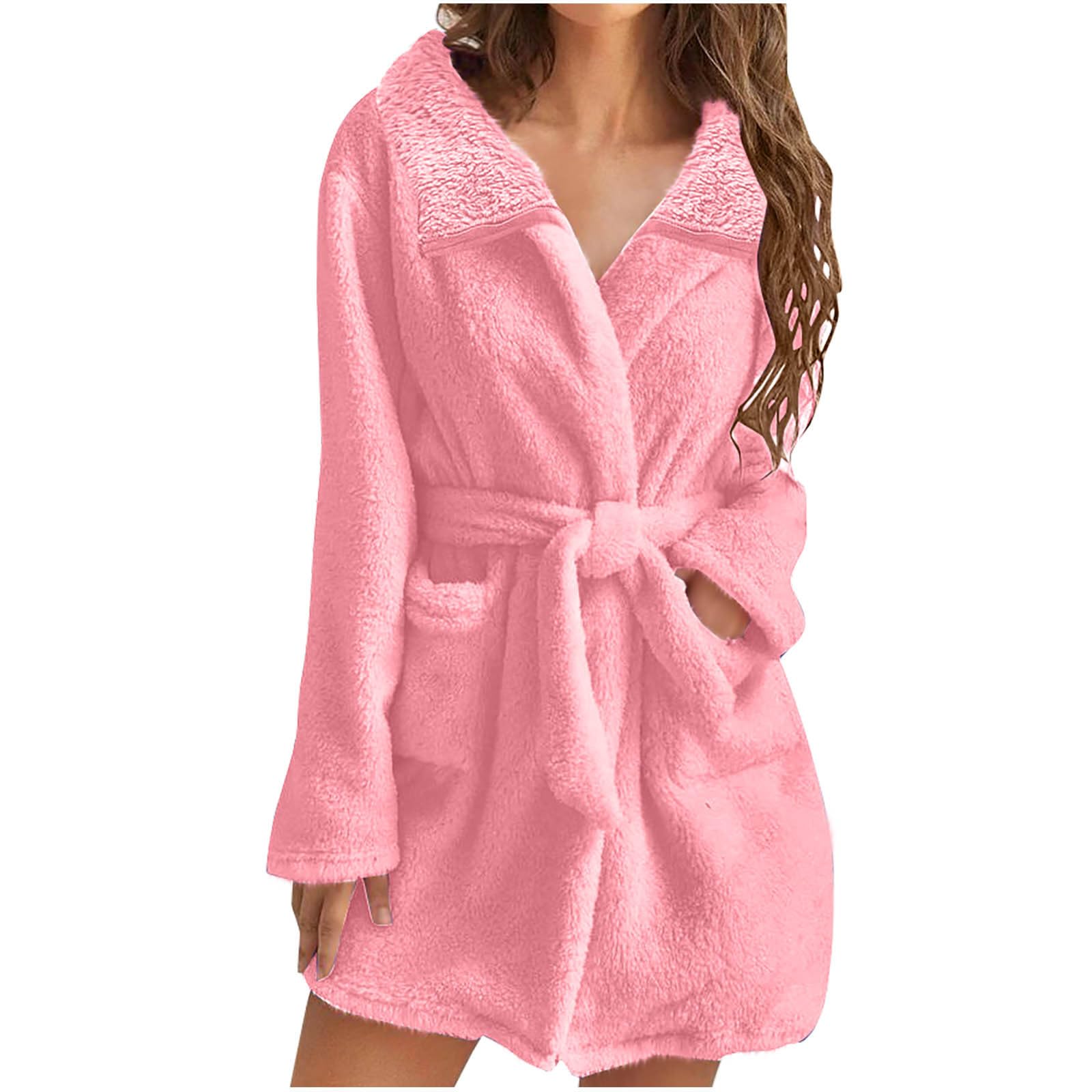 Womens Mid-Length Plush Fleece Robe Hooded Bathrobe Soft Warm Spa Robe with Belts Lady Cozy Nightgowns