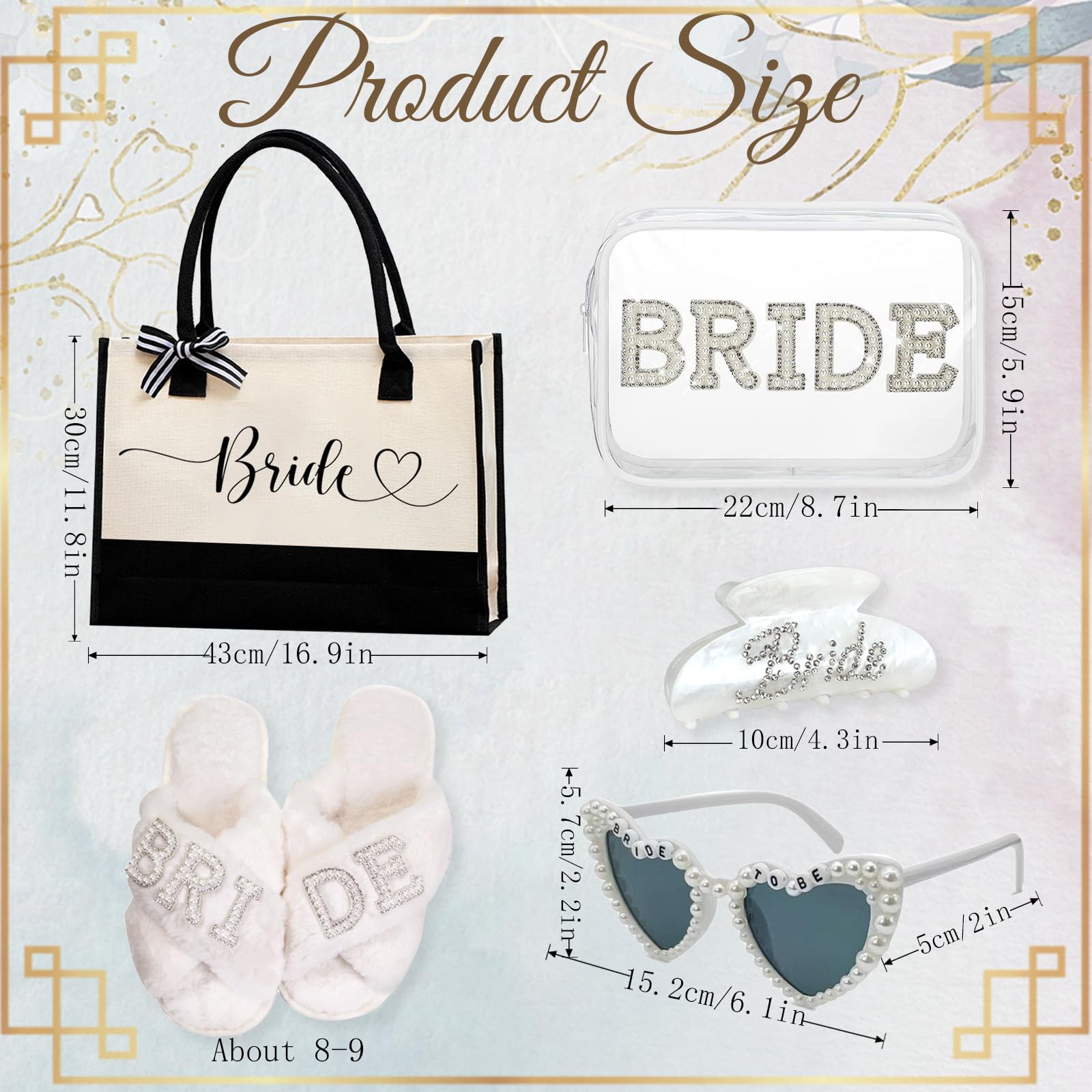 5Pcs Bridal Shower Gifts Set with Bride Bag Cosmetic Bag Sunglasses Slippers Hair Clip, Suitable for Bridal Shower, Weddings, Bachelorette Gifts for Bride, Bride Gift Set