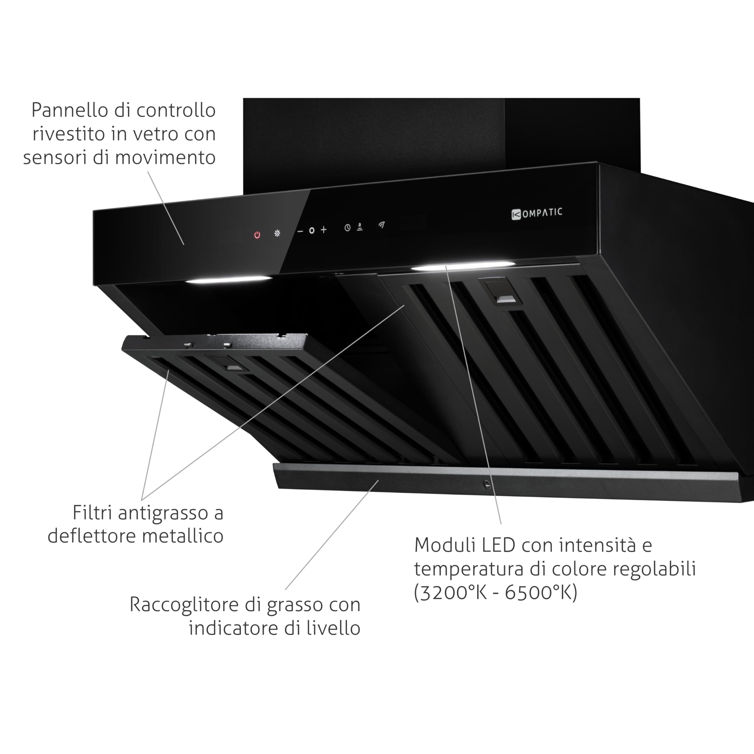 Kori 60 KPKR60WB Cappa a Parete 60 cm, 800 m³/h, Classe A+++, Gesture & Touch, Telecomando, Sensore Calore, Filtri Baffle, Boost/Super Boost, Nero Opaco