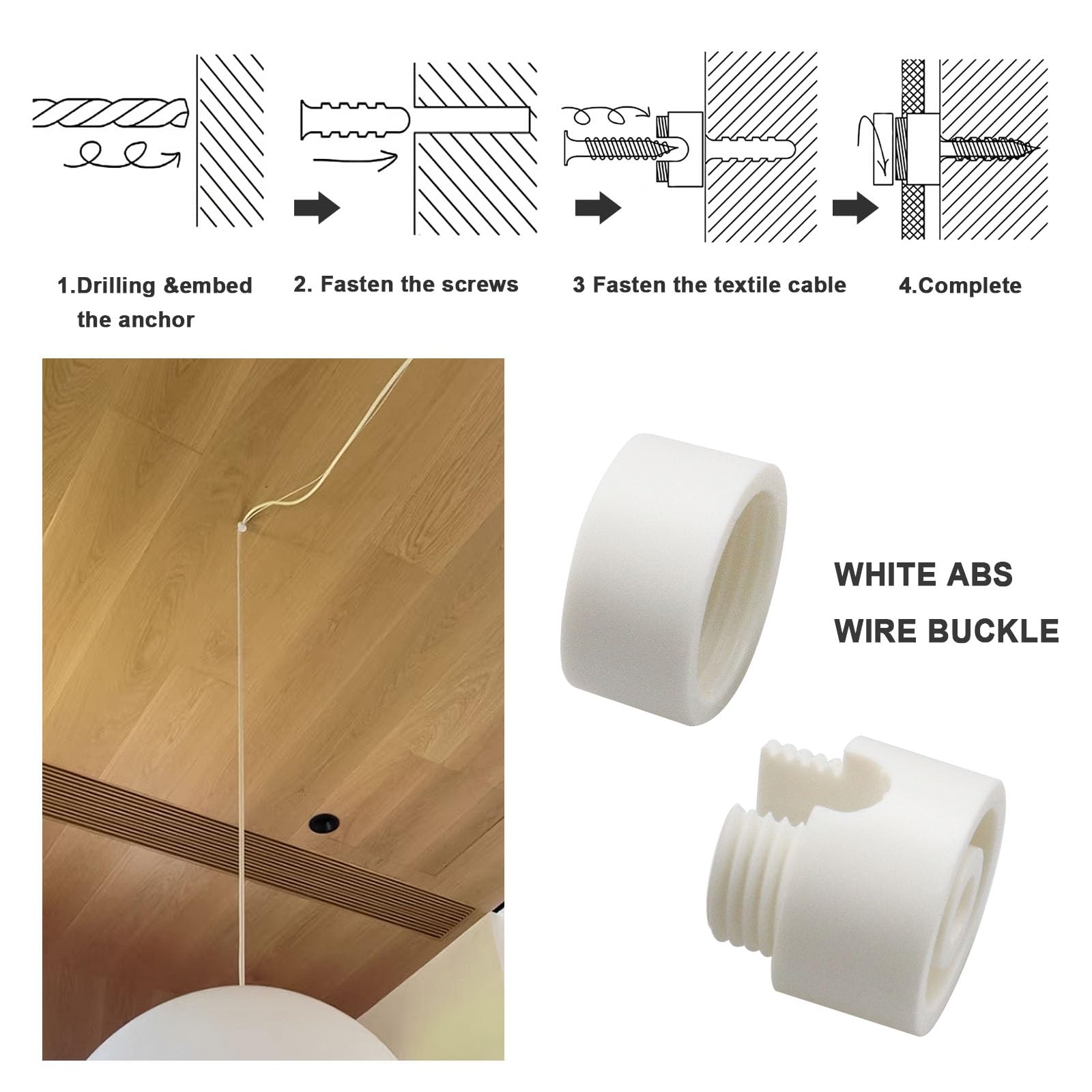 SG Store 5Pcs Ceiling Decentralizers Cable Holder Ceiling Mounts for Lamps DIY Textile Cable with 5pcs Screws and 5pcs Dowels White - Image 3