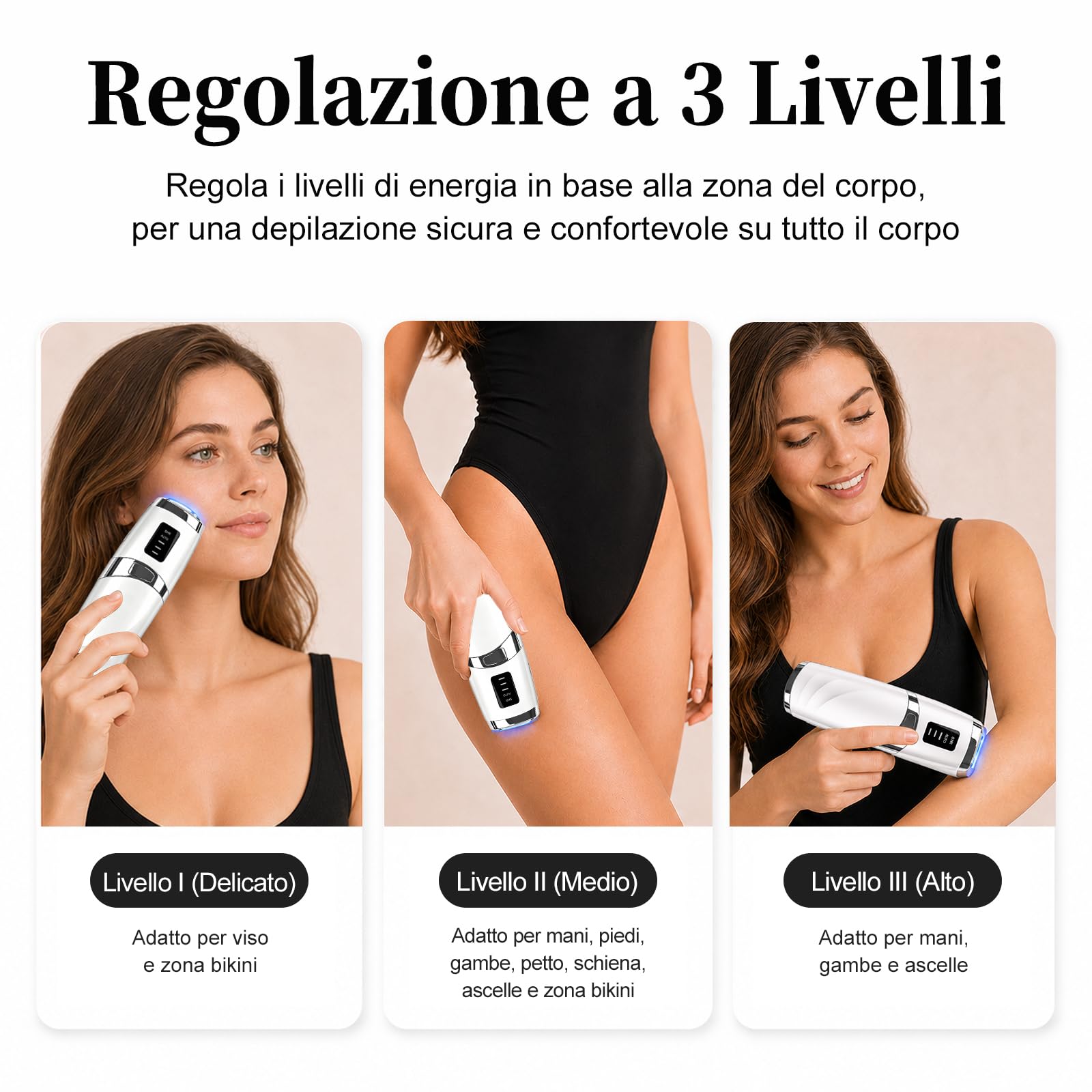 Epilatore Luce Pulsata, Luce Pulsata Indolore, 999,999 Flashes Epilazione Laser Peli Donna, 3 Livelli di Energia, Epilatore Laser per Corpo, Ascelle, Bikini, Donne e Uomini-Bianco