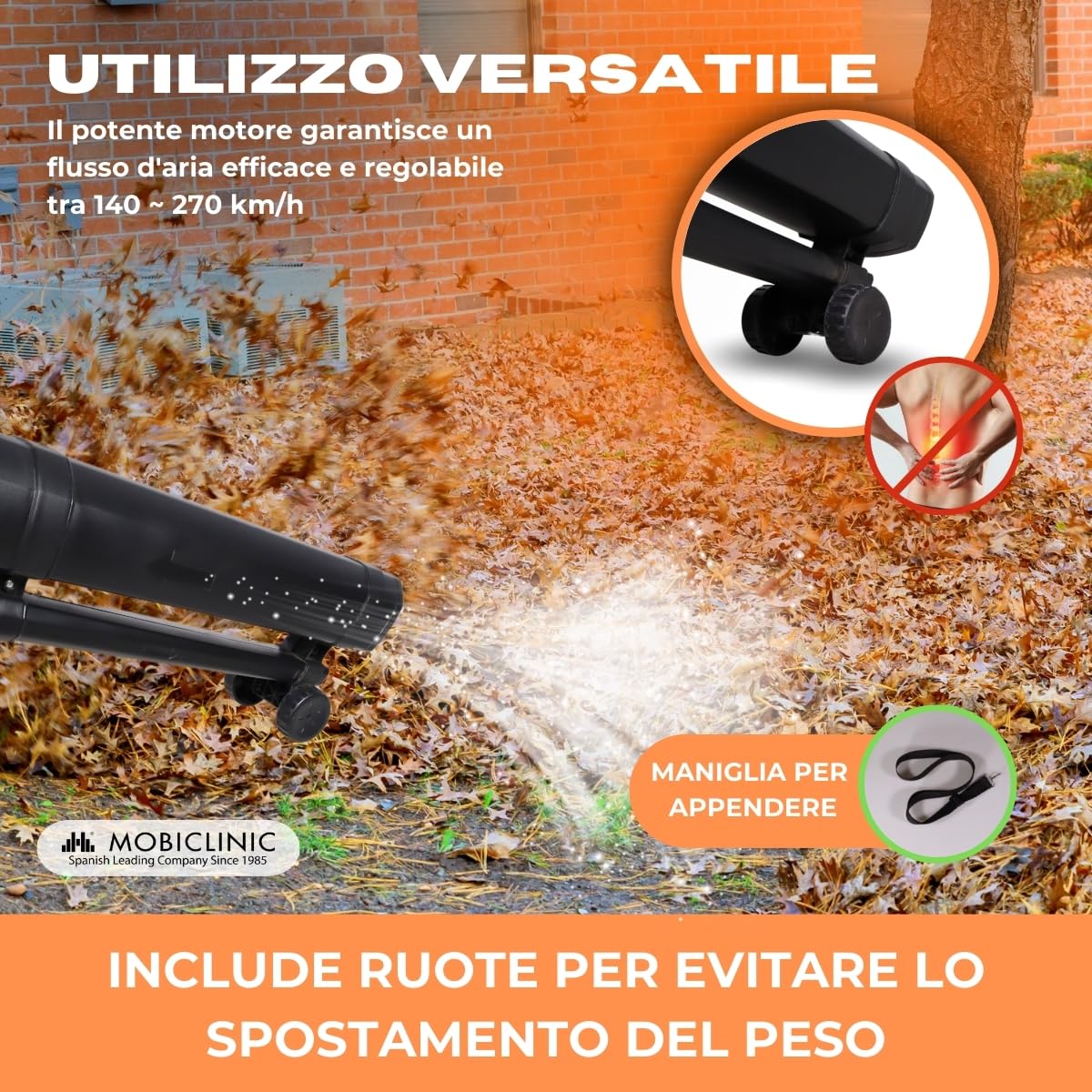 Mobiclinic®, Soffiatore, Aspiratore Trituratore di Foglie, 900w, 6 Velocità, Mobiclean, 3 in 1, Leggero, 35l, Marchio europeo, Soffiaggio 270 km/h, Per il Giardino, 220v, Tracolla