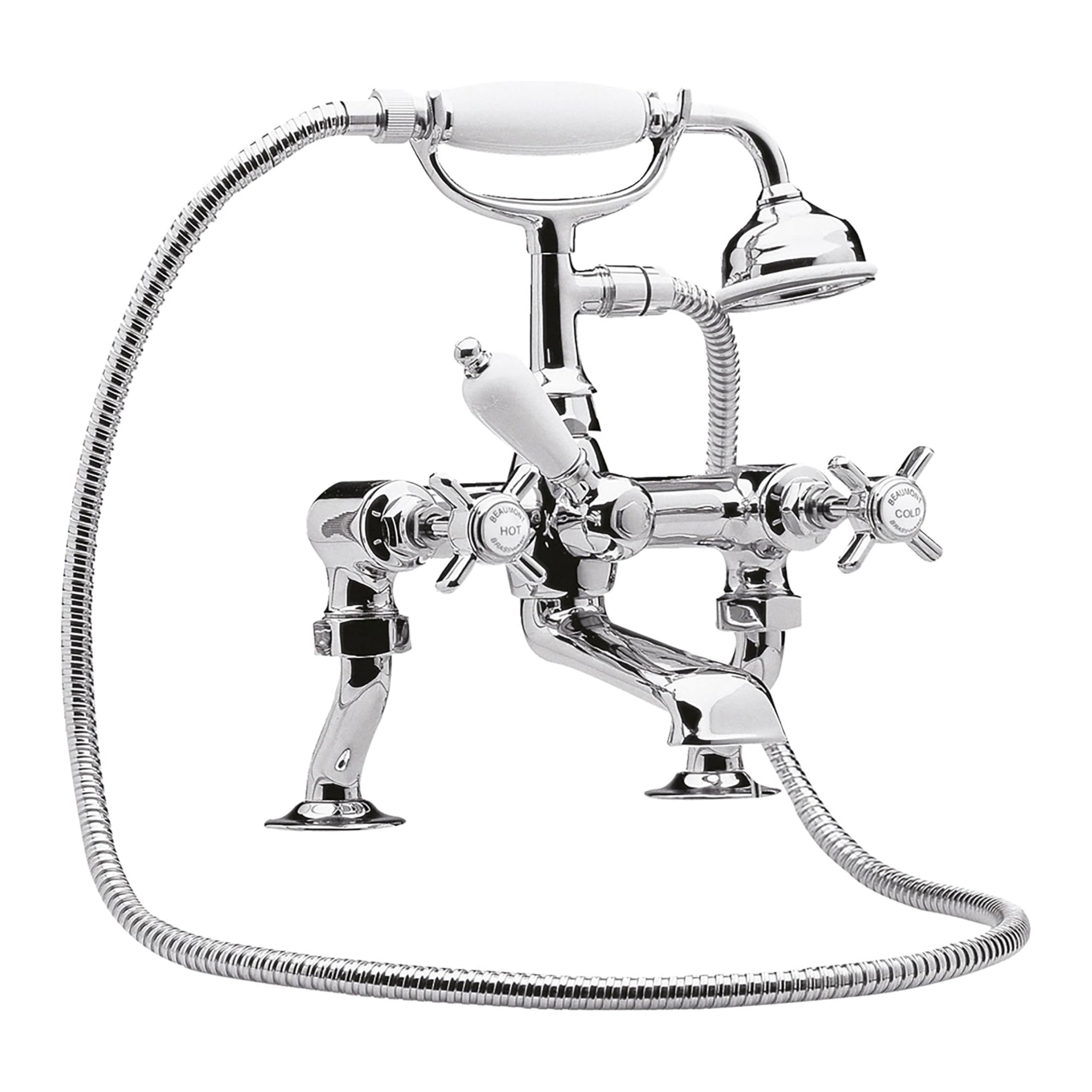 Balterley Bath Mixer Tap with Shower Kit, Dual Crosshead Traditional Bath Filler Tap, Traditional Head Showers for Bathrooms, Bathroom Taps with Shower Head and Hose Set - 215 x 180 x 295mm (Chrome)