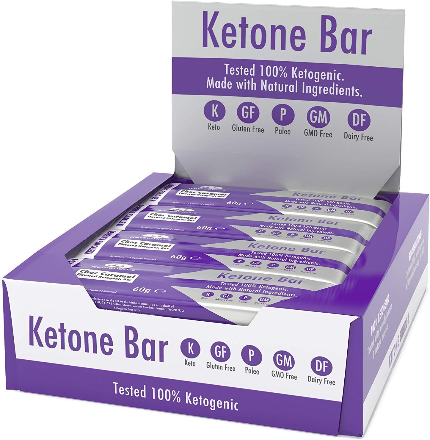 Ketone Bar (12 X 60g) | Keto Bars with All Natural Ingredients | Keto Snacks for Keto Diet | 3.1 Net Carbs per Bar | Truly Ketogenic | Gluten & Dairy Free | Choc Caramel Flavour | Ketosource