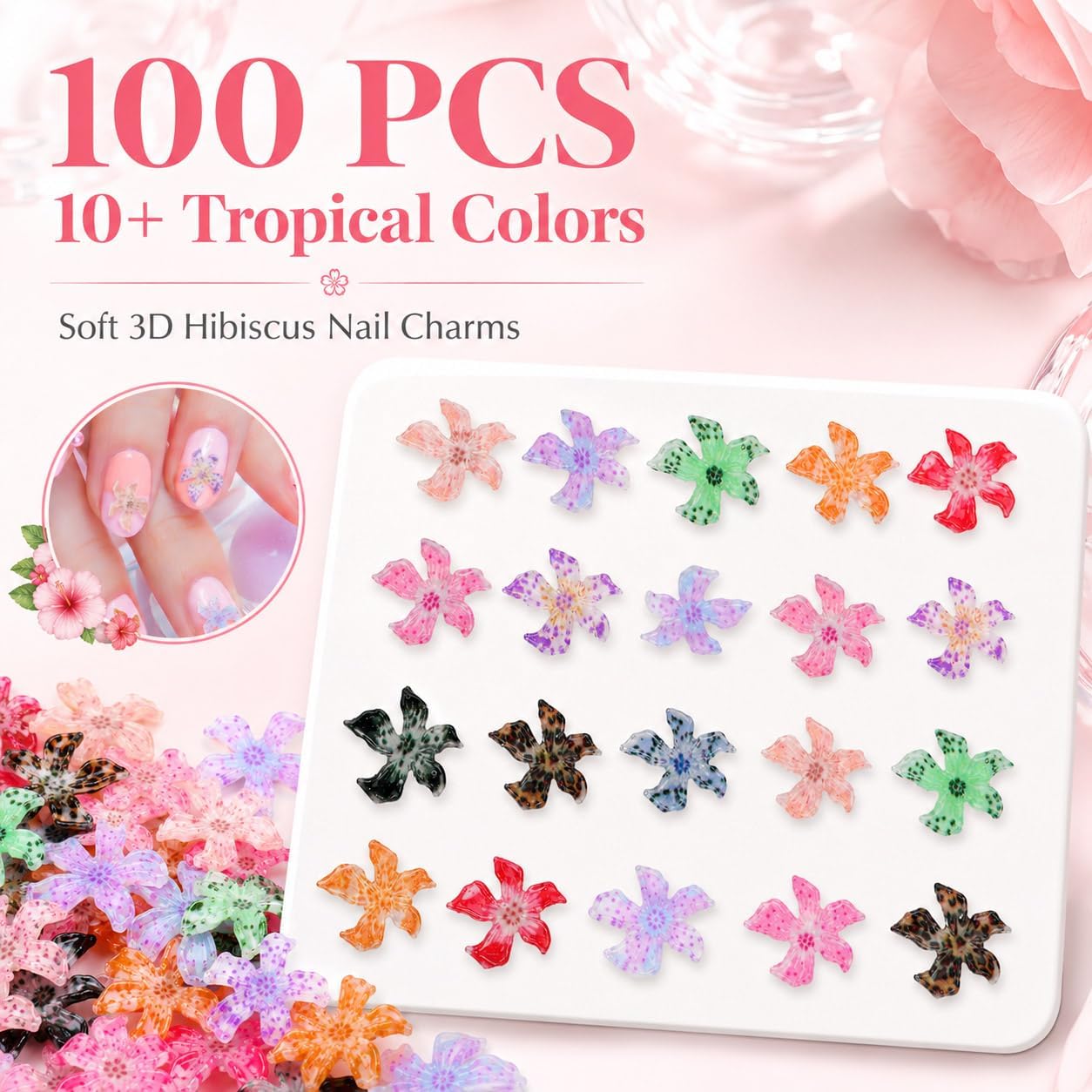 100 Pcs 3D Hawaii Flower Nail Charms, Soft Colorful Resin Floral Nail Art Accessories for Acrylic Nails, Summer Nail Decorations for Women DIY Manicure Craft Supplies