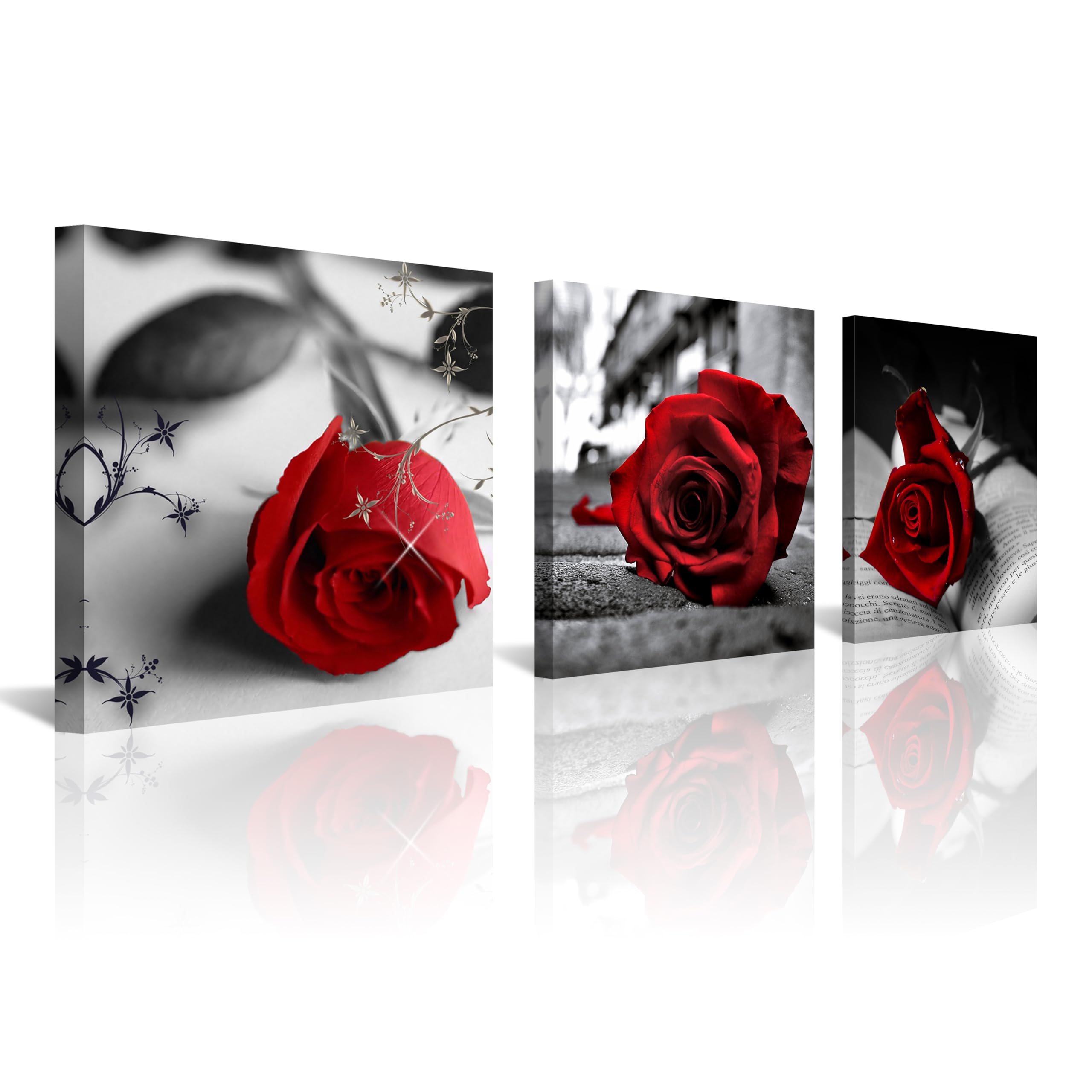 NAN Wind Lienzo impreso en lienzo de 3 piezas en blanco y negro, rojo, rosa, para decoración del hogar, estirado y enmarcado (16 x 16 x 3 unidades, A-Rose)