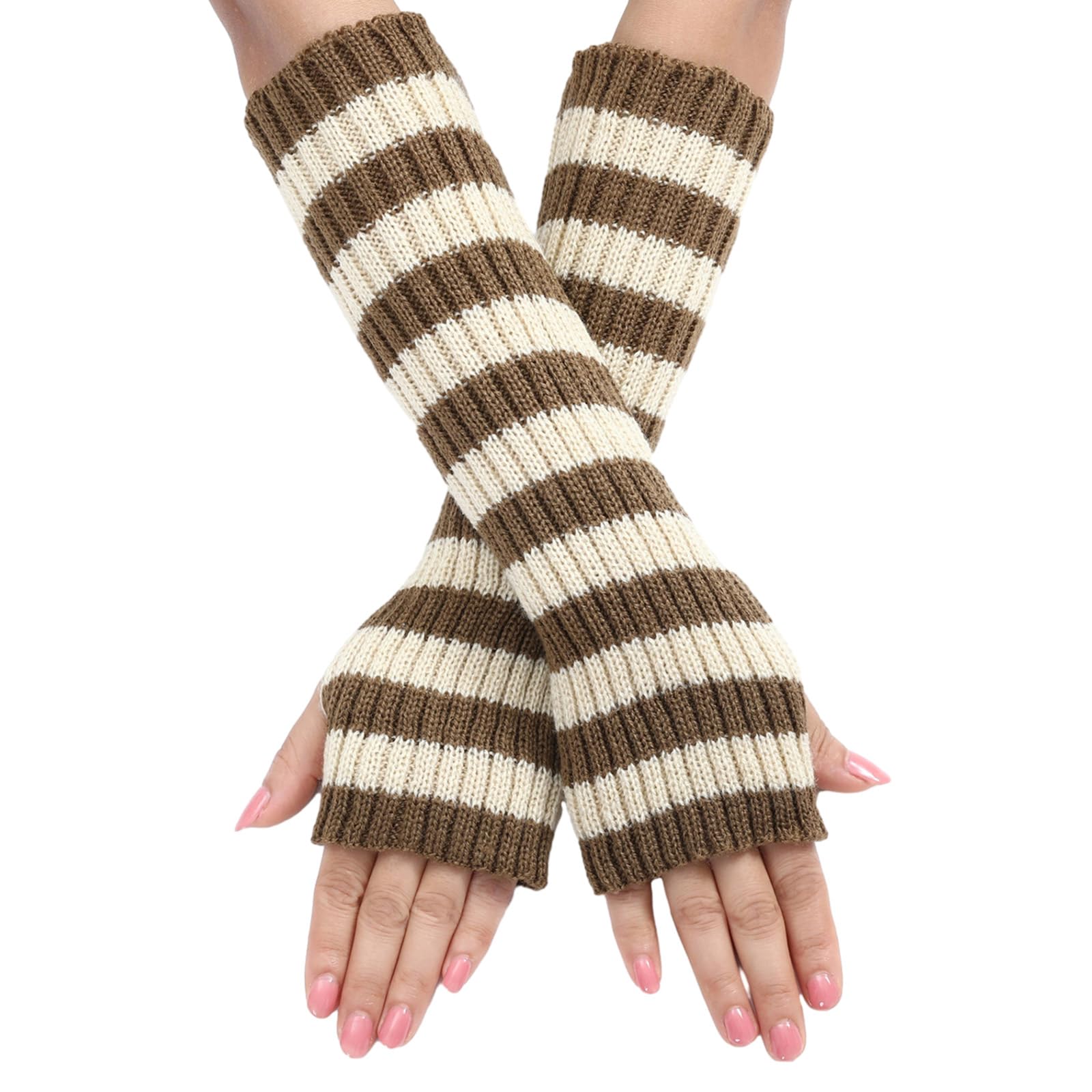 HOOLRZI Knit Gloves Knitted Lengthen Wrist Fingerless Gloves Winter Half Finger Mittens Stretchy Keep Warm Gloves Striped for Girls Teens
