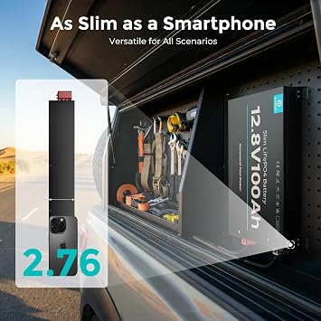 12V 100Ah Slim Lithium LiFePO4 Battery 2.76 1280Wh Ultra-Thin Deep Cycle Lithium Battery with 100A BMS, Low-Temp Protection Fit Vans, RV, Trucks, Solar Systems, Marine Off-Grid (1 Pack)