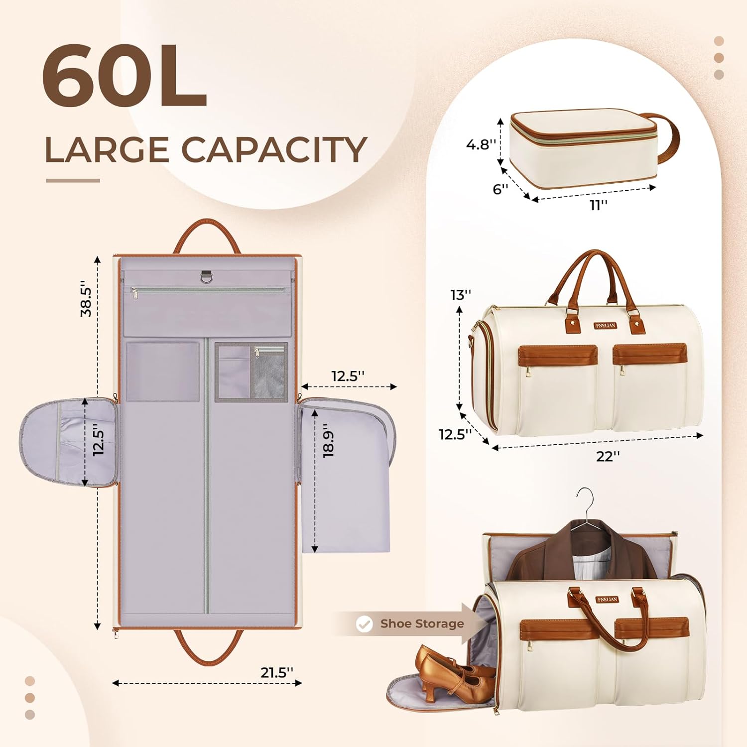 Convertible Garment Bag, 60L Carry On Garment Bags with Packing Cube, Large Garment Duffel Bag for Men Women, 2 in 1 Hanging Suitcase Suit Travel Duffel Overnight Bags 2pcs Set, Beige - Image 3