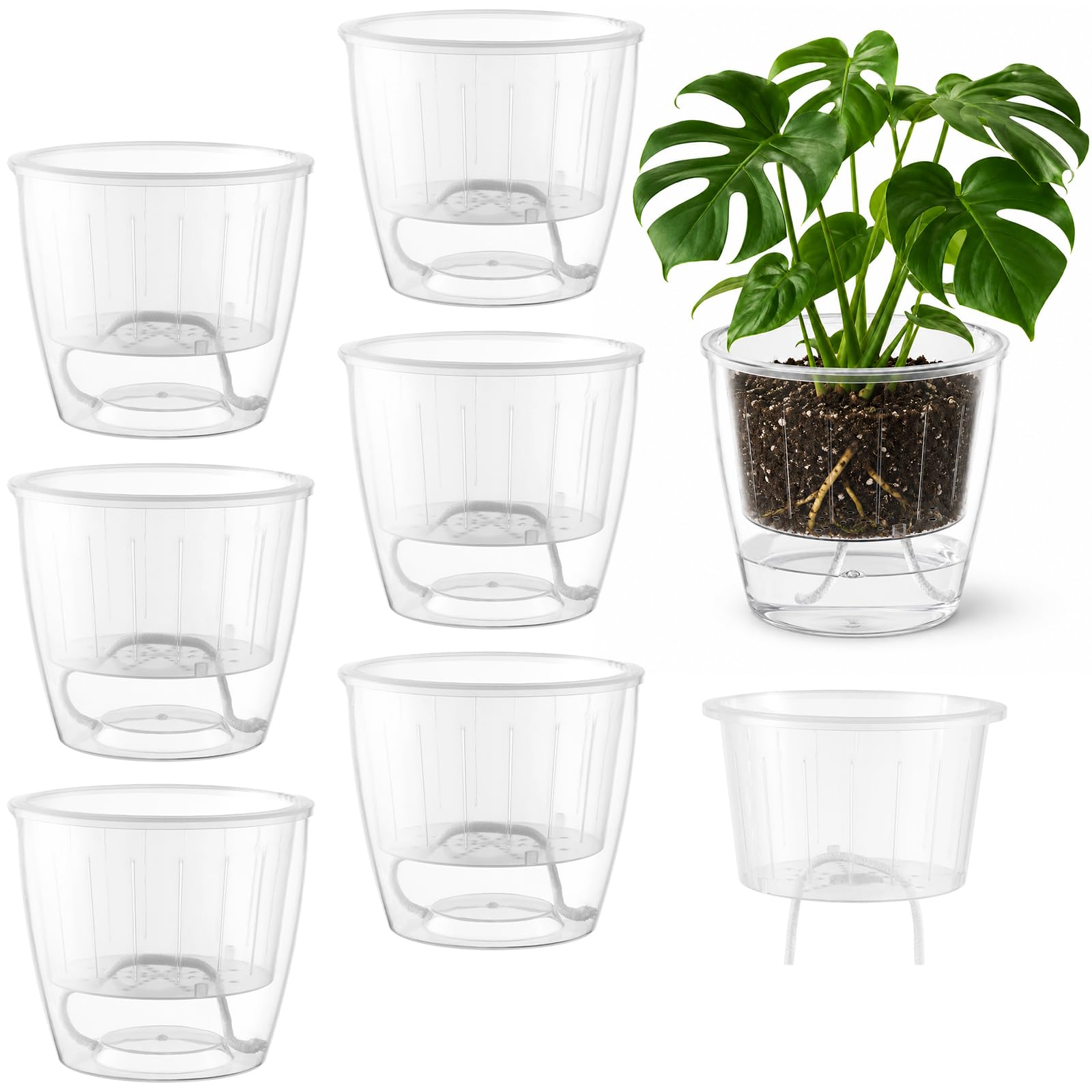 KvyusFlourish Clear Self Watering Pots for Indoor Plants, 6-Pack 6.7'' Clear Plant Pots with Drainage, Self Watering Planter, African Violet Pot, Semi Hydroponic Pot for Orchids, Flowers, Herbs