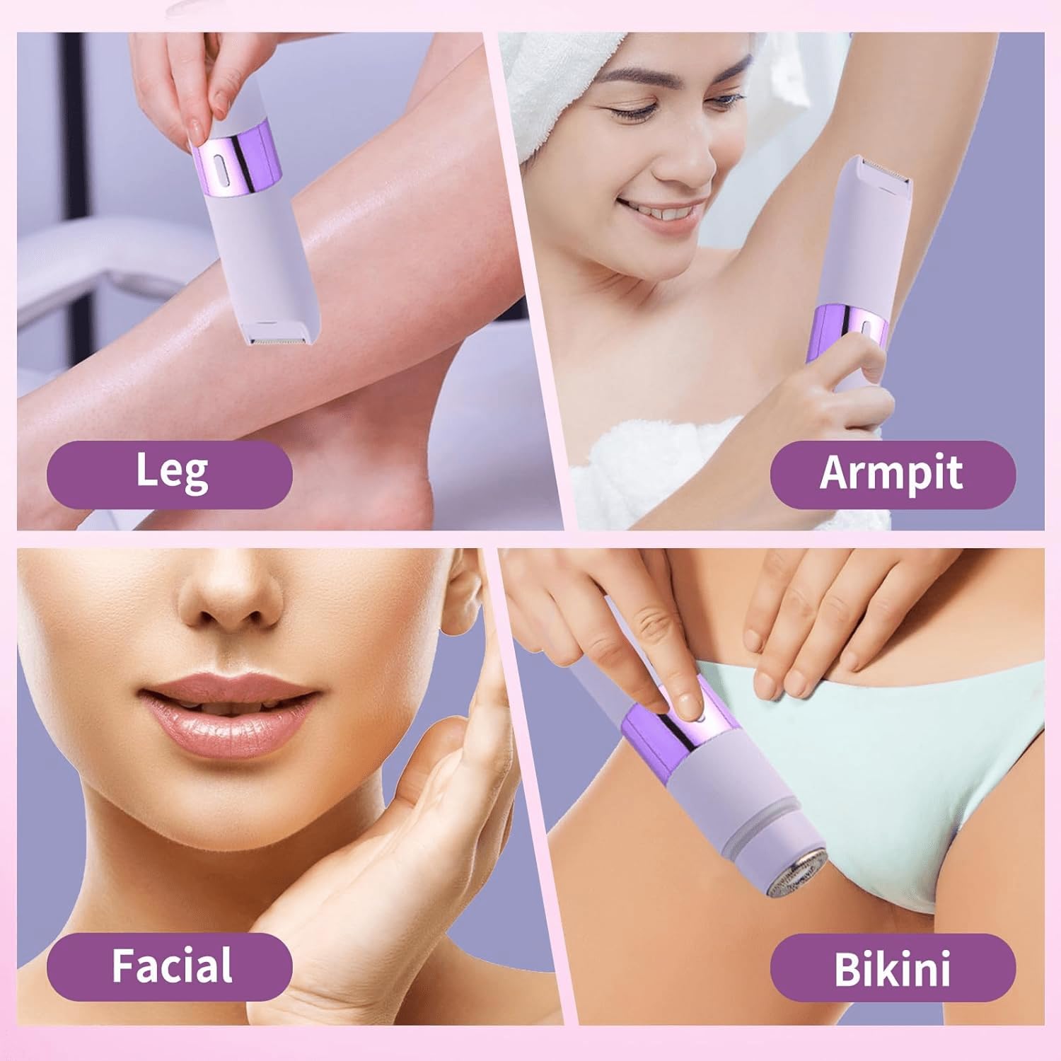 Recortadora de bikini para mujer, 2 en 1, recargable, con luz LED, removedor de vello facial para mujer, IPX7, impermeable, para mujeres en húmedo y seco (morado)