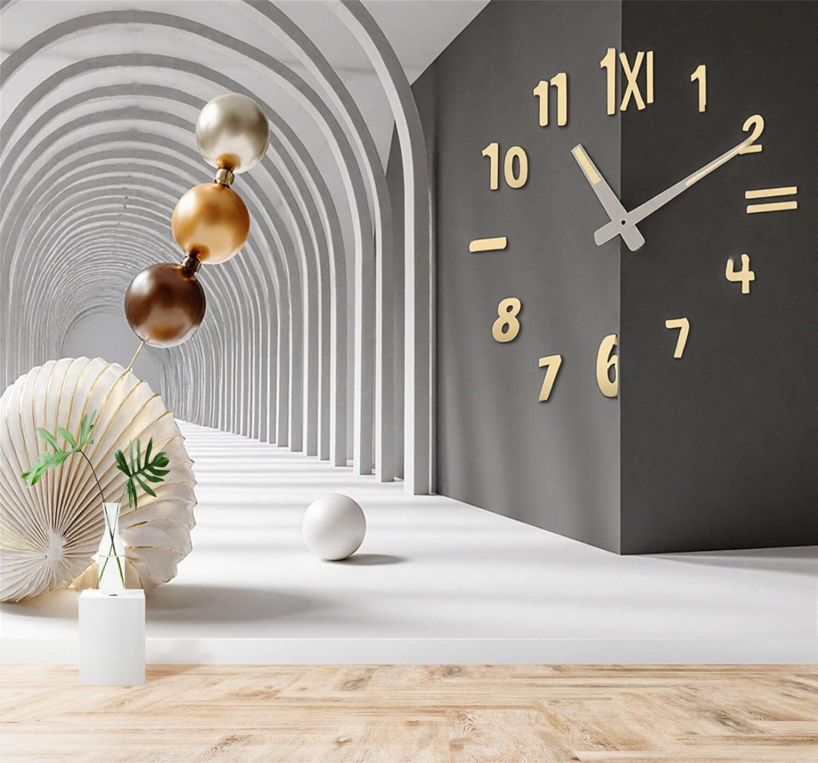 XLMING Abstract Archway Corridor Metal Ball Clock 3D Wallpaper Premium Textured Silk Study Dining Living Room Bedroom Sofa TV Wall Easy Install-430cm×300cm