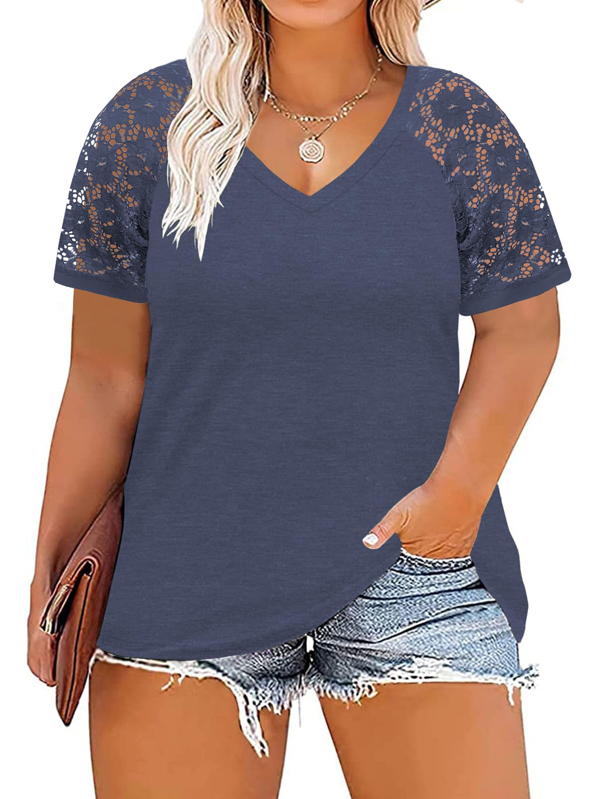 DOLNINE Plus-Size-Tops for Women Summer V Neck Casual Shirts Lace Short Sleeve Tees