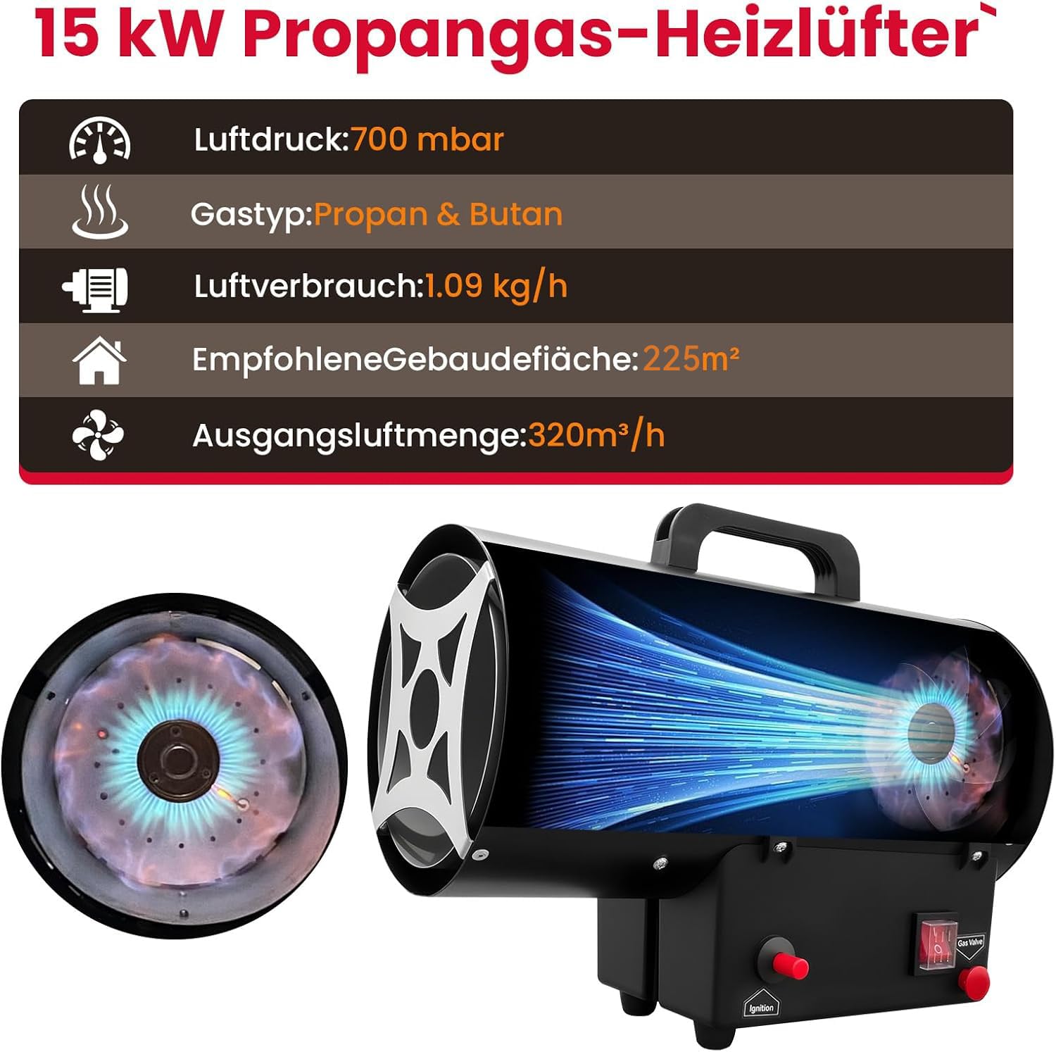 GASLAND FlameJet FH15FBDE 15 kW Gasheizgerät mit 700 mbar Druckreduzierventil, Konvektionsheizung, Turbogebläse, Überhitzungsschutz