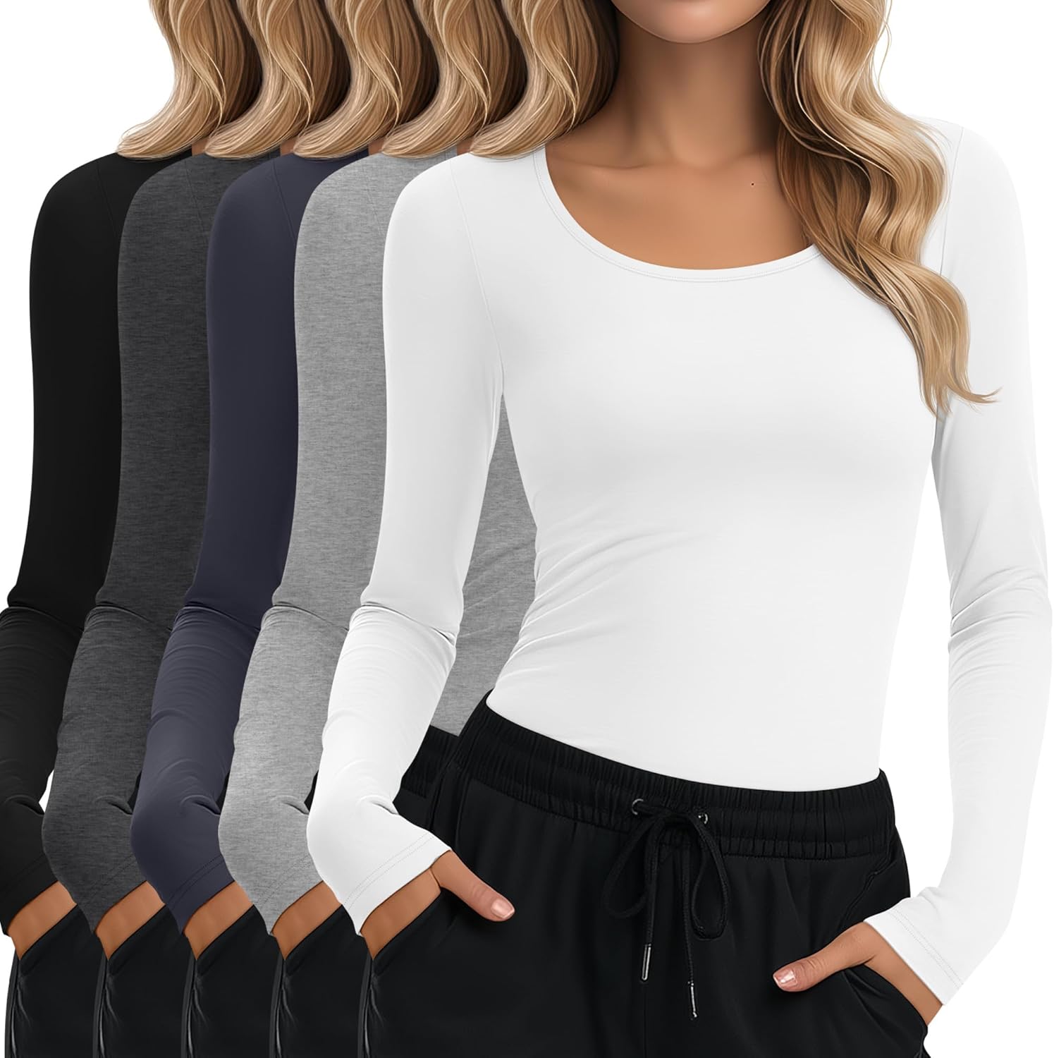 Oakgarden 5 Pack Underscrub for Women Long Sleeve Shirts Fitted Scoop Neck Tops Basic Layering Tee Knit Tops for Nurse