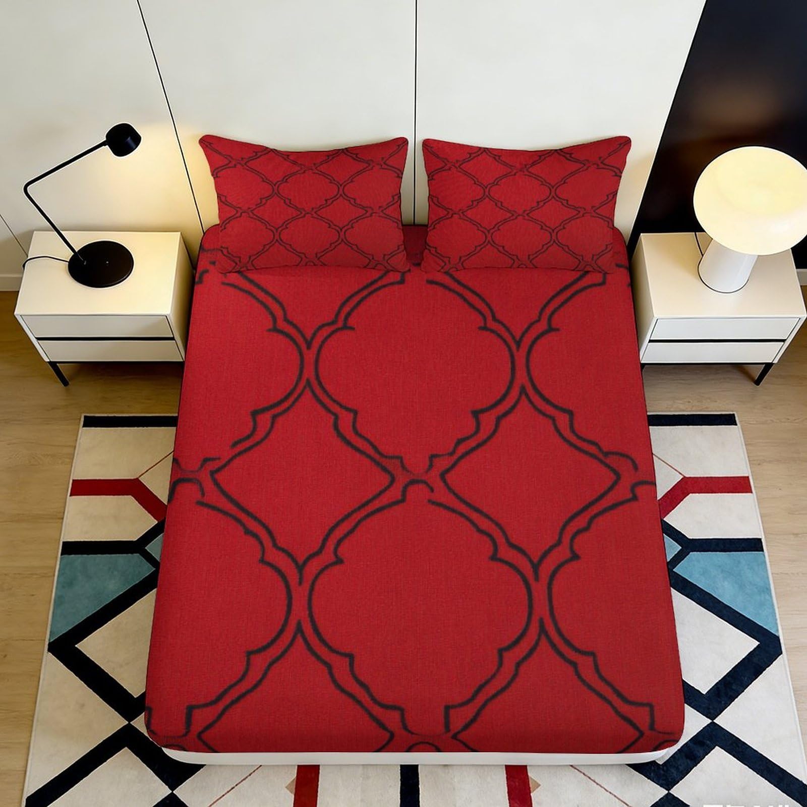 3D Printed Geometric Red Fitted Sheet Microfiber Deep Pocket Non-Slip Geometric Mattress Fitted Cover for Adult Bedroom 90x200x25cm