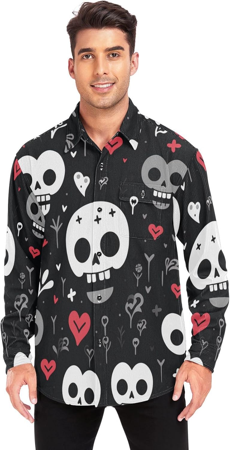 Funny Skull Heart Black Woolen Cord Fabric Mens Rugby Shirts Long Sleeve for Women Sports with Pockets