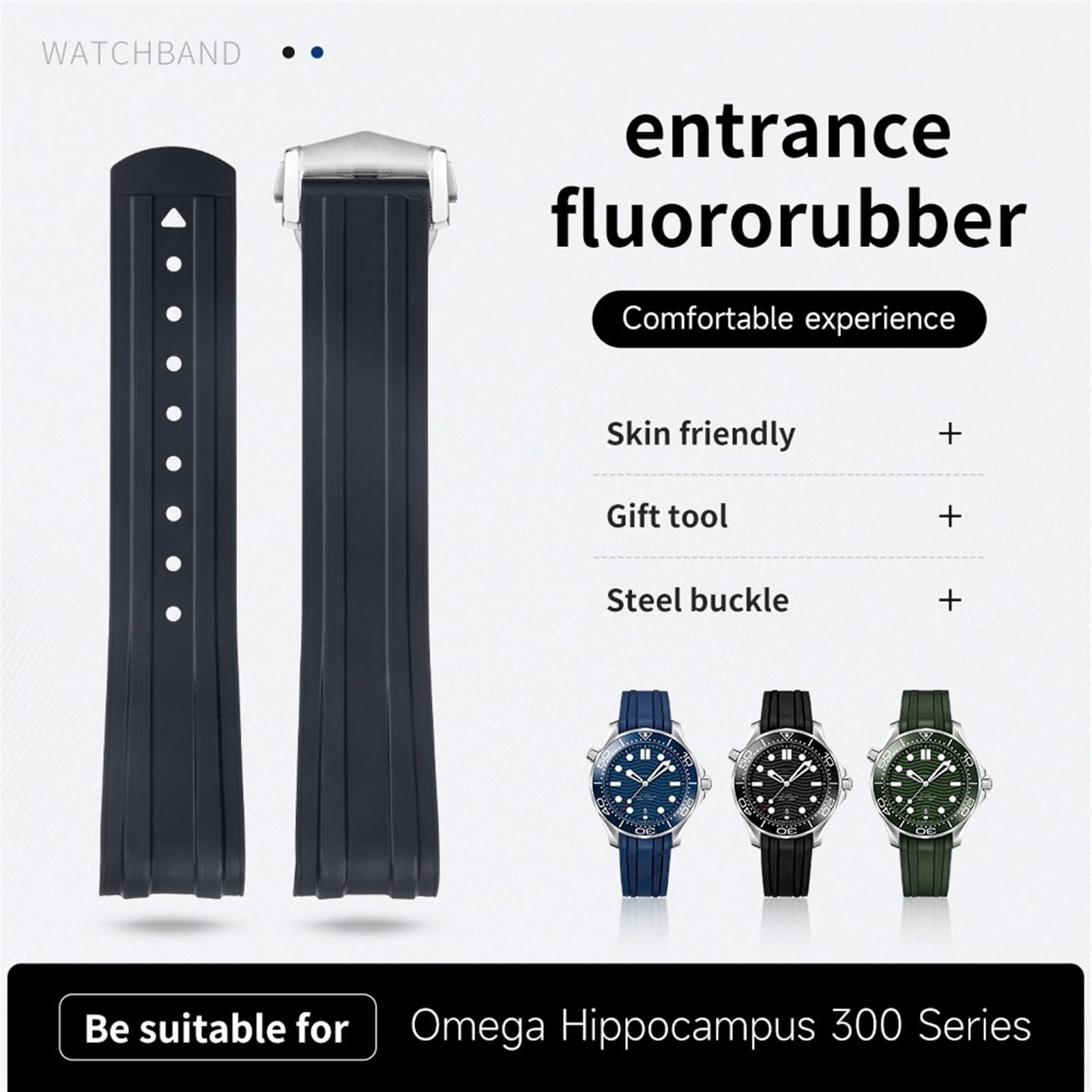 20mm FKM guma fluorowa zakrzywiona końcówka do zegarków Omega Seamaster 300 nurkowanie ze składaną klamrą ze stali nierdzewnej