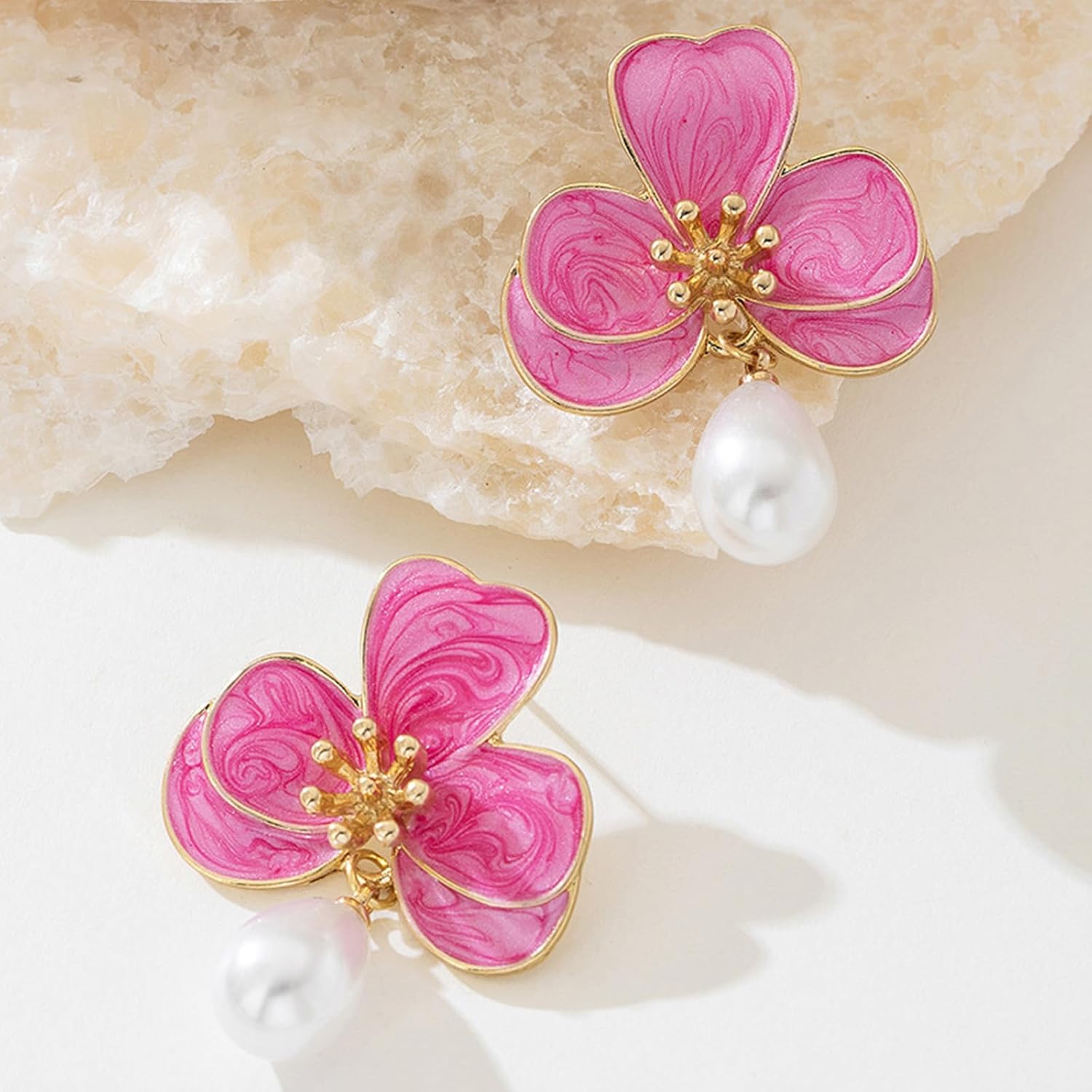 Flower Earrings for Women Pearl Statement Drop Dangle Earrings Pink Blue Orange Flower Stud Earrings Wedding Party Statement Floral Jewelry - Image 5