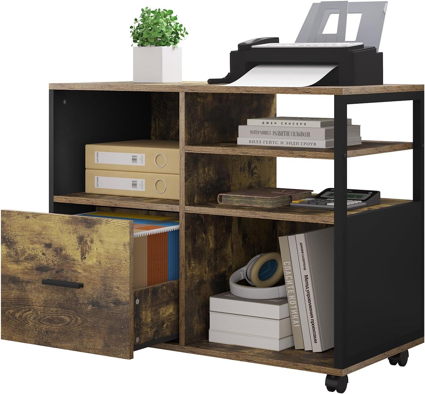 WOLTU Schedario da Ufficio con 4 Scomparti a Giorno, Mobile da Ufficio per Documenti con Ruote, Mobile Vintage per Stampante con 1 Cassetto, in Legno e Metallo, Marrone Rustico e Nero, ASK05hov