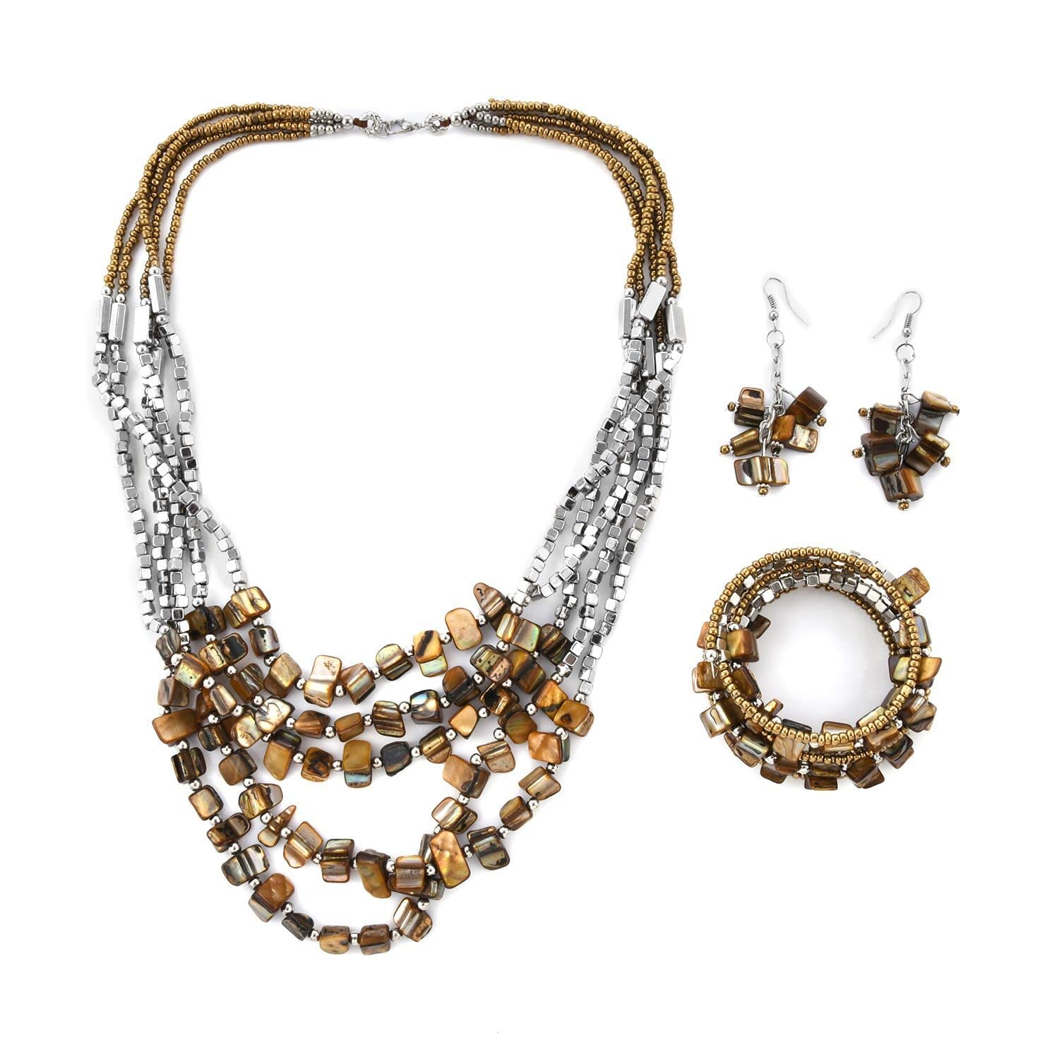 Shop LC Delivering JoyHandmade Coastal Stainless Steel Earrings Wrap Bracelet Multi Strand Necklace 22" Jewelry Set for Women (Beige/Black/Red/Blue)