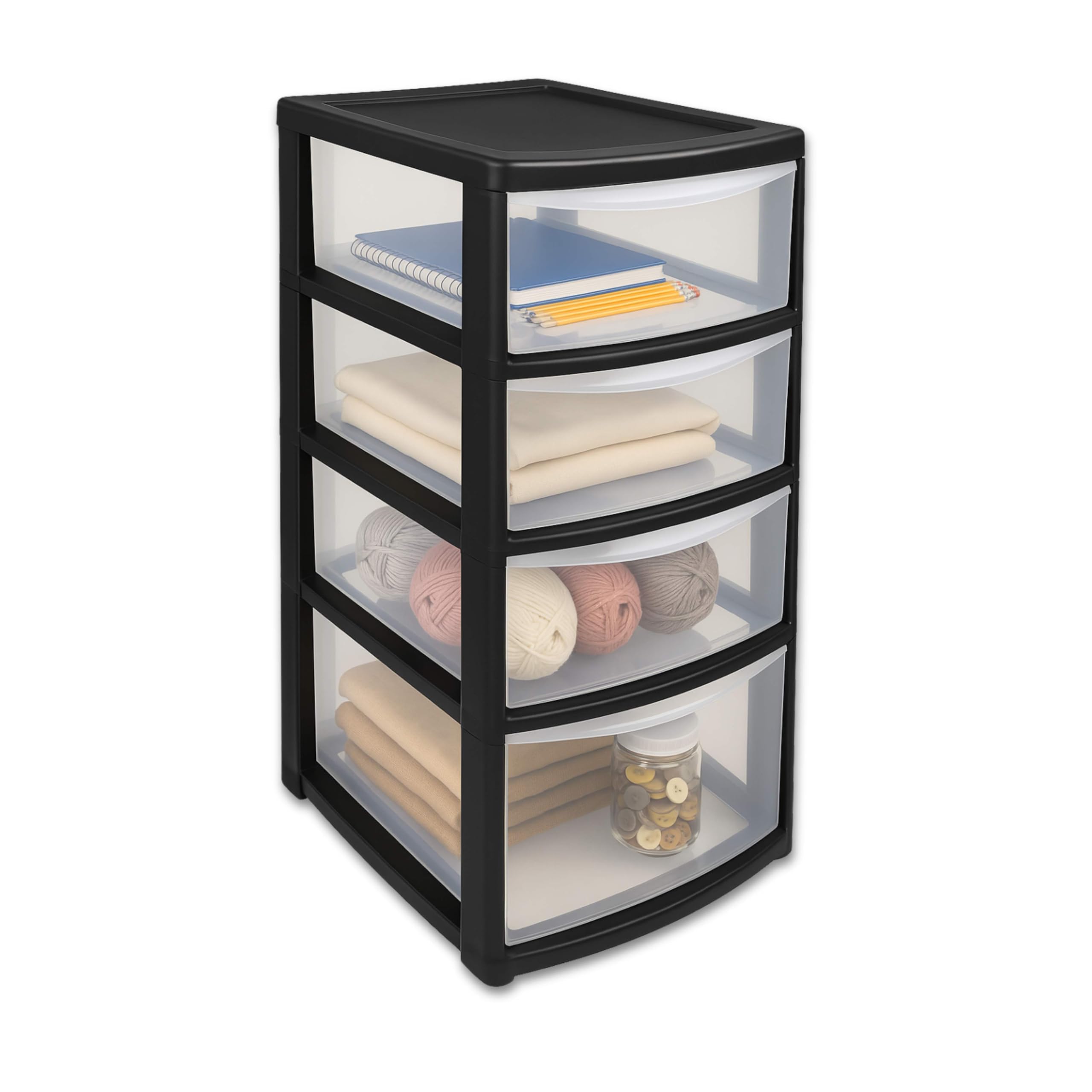 ADEPTNA 4-Tier Mini Tower Storage Drawers Clear Plastic Boxes Space-Saving Home Kitchen Office Garage Organiser Lightweight Durable Multi-Purpose Drawer Unit for Files Tools Clothes