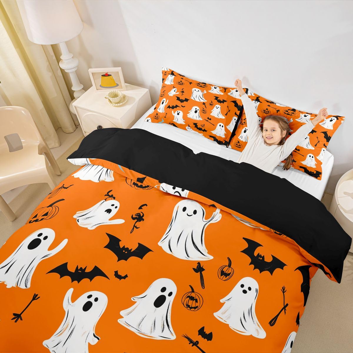 Loussiesd Happy Halloween poszewka na kołdrę super king size chłopcy dziewczęta pajęczyna duch nietoperz dynia zestaw pościeli oddychająca miękkie pomarańczowe tło narzuta na łóżko 3 szt. dekoracja