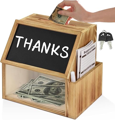 Caja de sugerencias de madera con cerradura, urna de donación retro con pizarra de bloqueo de ranura, gota de dinero B para propinas, comentarios de