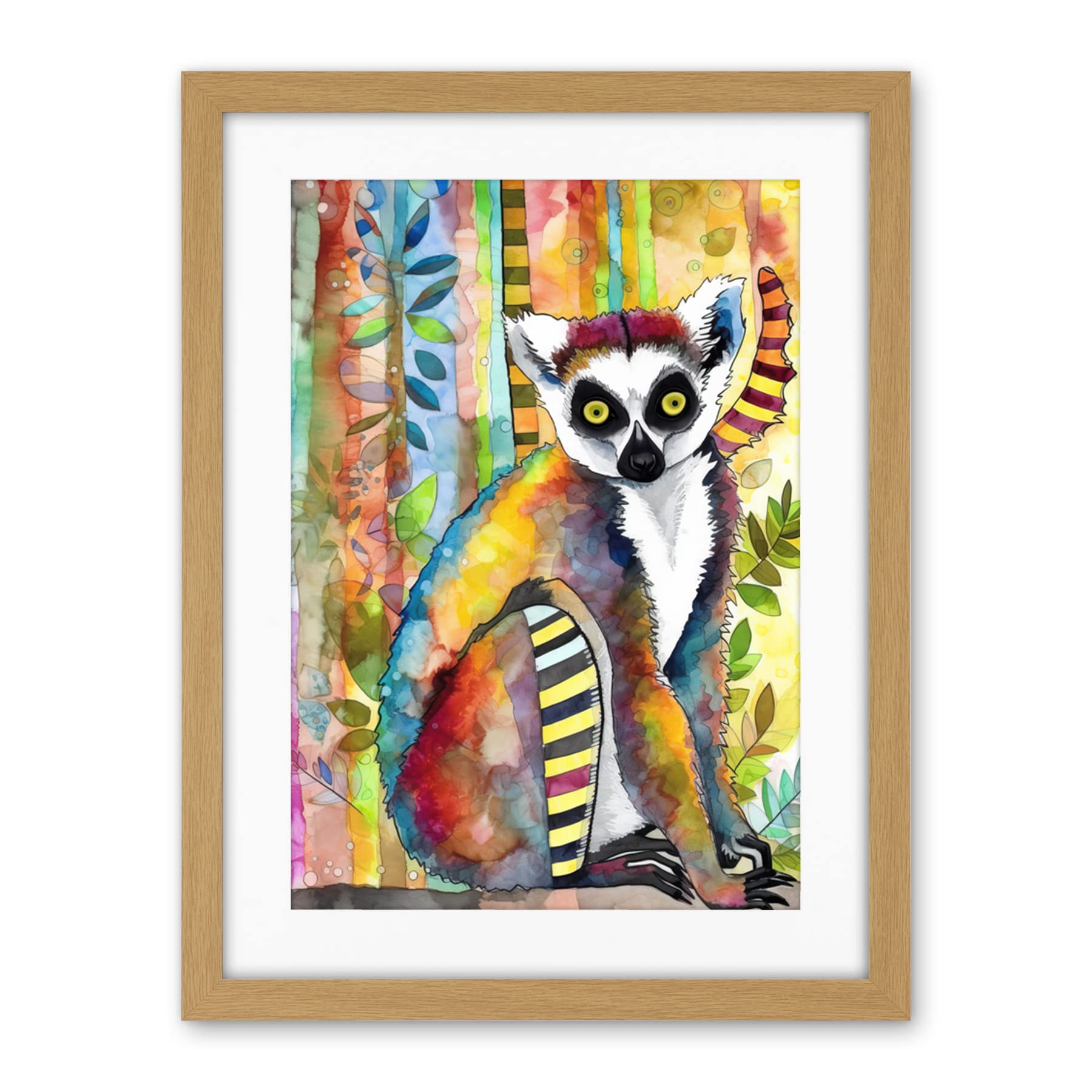 Artery8 Lemur Vibrant Portrait Folk Art Watercolour Painting Artwork Framed Wall Art Print 18X24 Inch