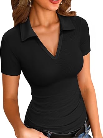 VICHYIE Womens Long Sleeve Shirts Lapel Collared V Neck Slim Fitted Ribbed Knit Trendy Tight Polo Tops