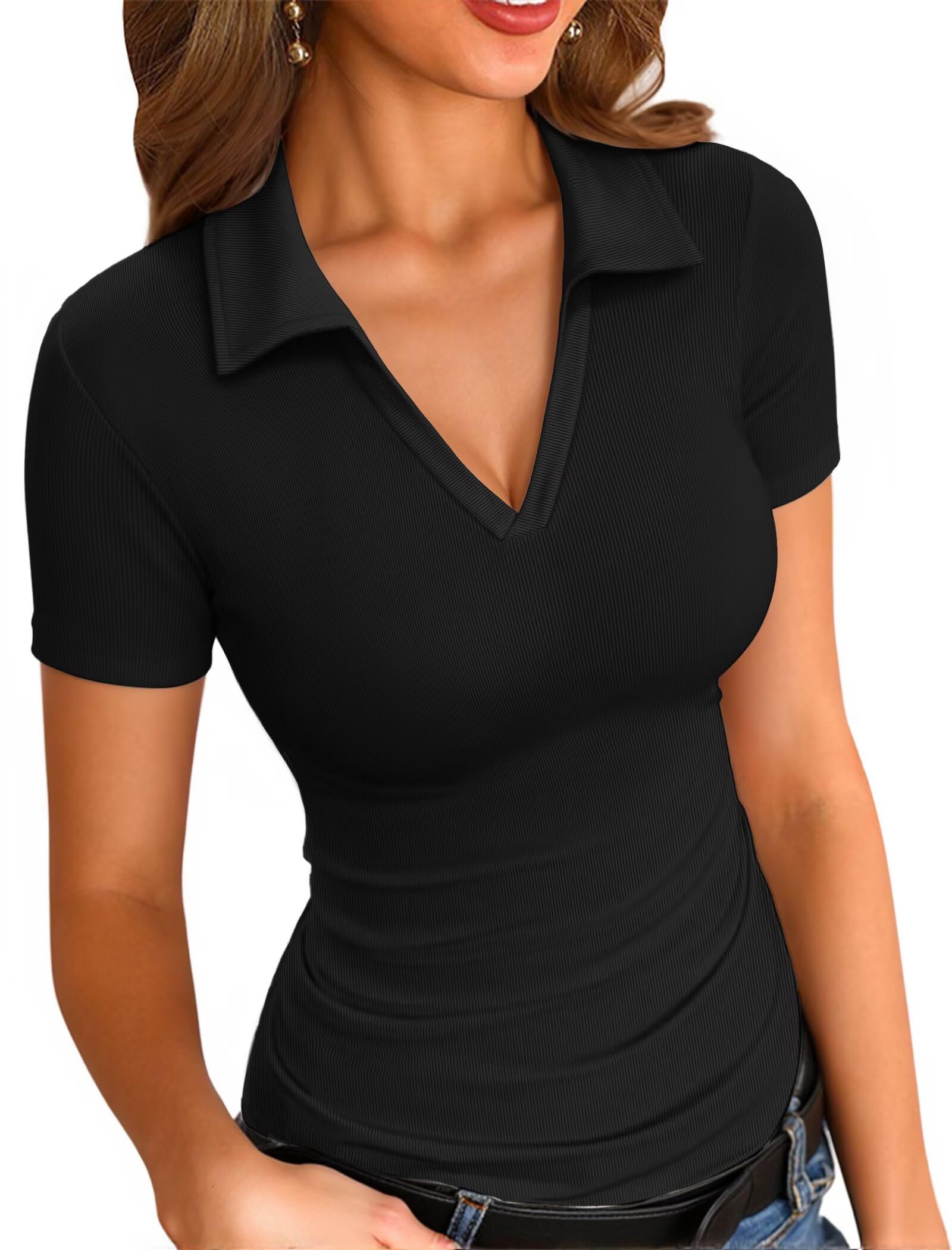 Womens Long Sleeve Shirts Lapel Collared V Neck Slim Fitted Ribbed Knit Trendy Tight Polo Tops-image-20