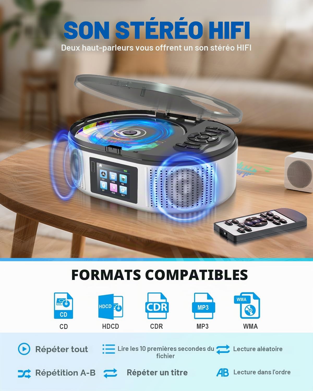 Lecteur CD Portable Bluetooth avec Haut-Parleur Stéréo, Lecteur CD Bureau