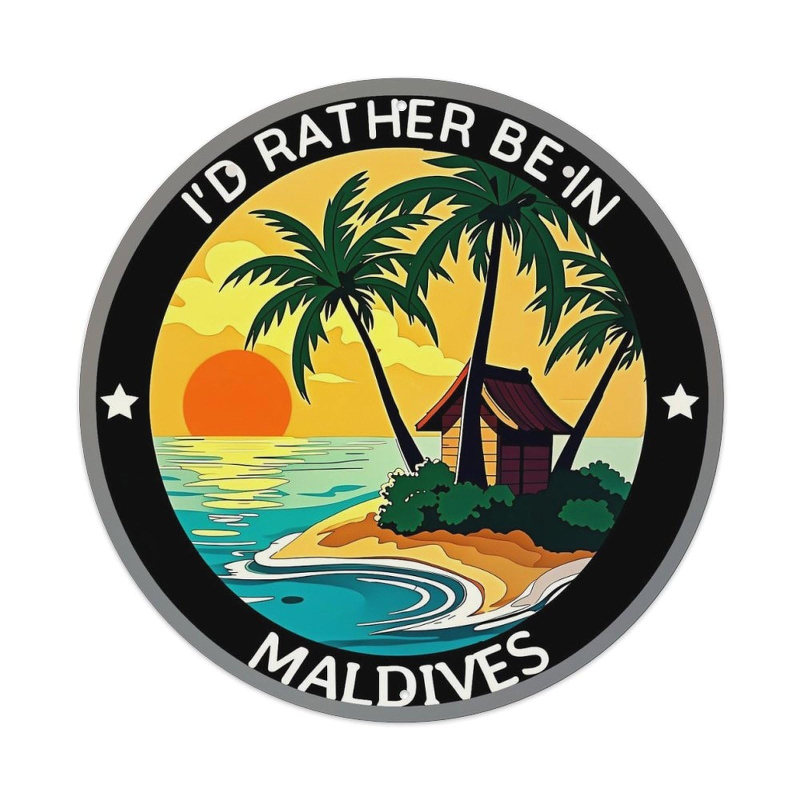 Tropical Island Sunset Hut Palm Retro Metal Sign Round Tin Sign, Vintage Decor Art Poster for Bar, Home, Man Cave, Kitchen, Laundry Room Gift 8x8Inch