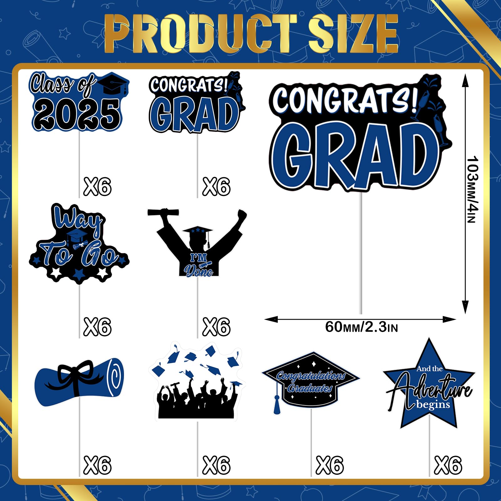2025 Graduation Cupcake Toppers, 48 Pcs Class of 2025 Cupcake Toppers Congrats Grad Cupcake Picks for Dessert Food Pizza for Graduation Party Decorations (Blue Black)