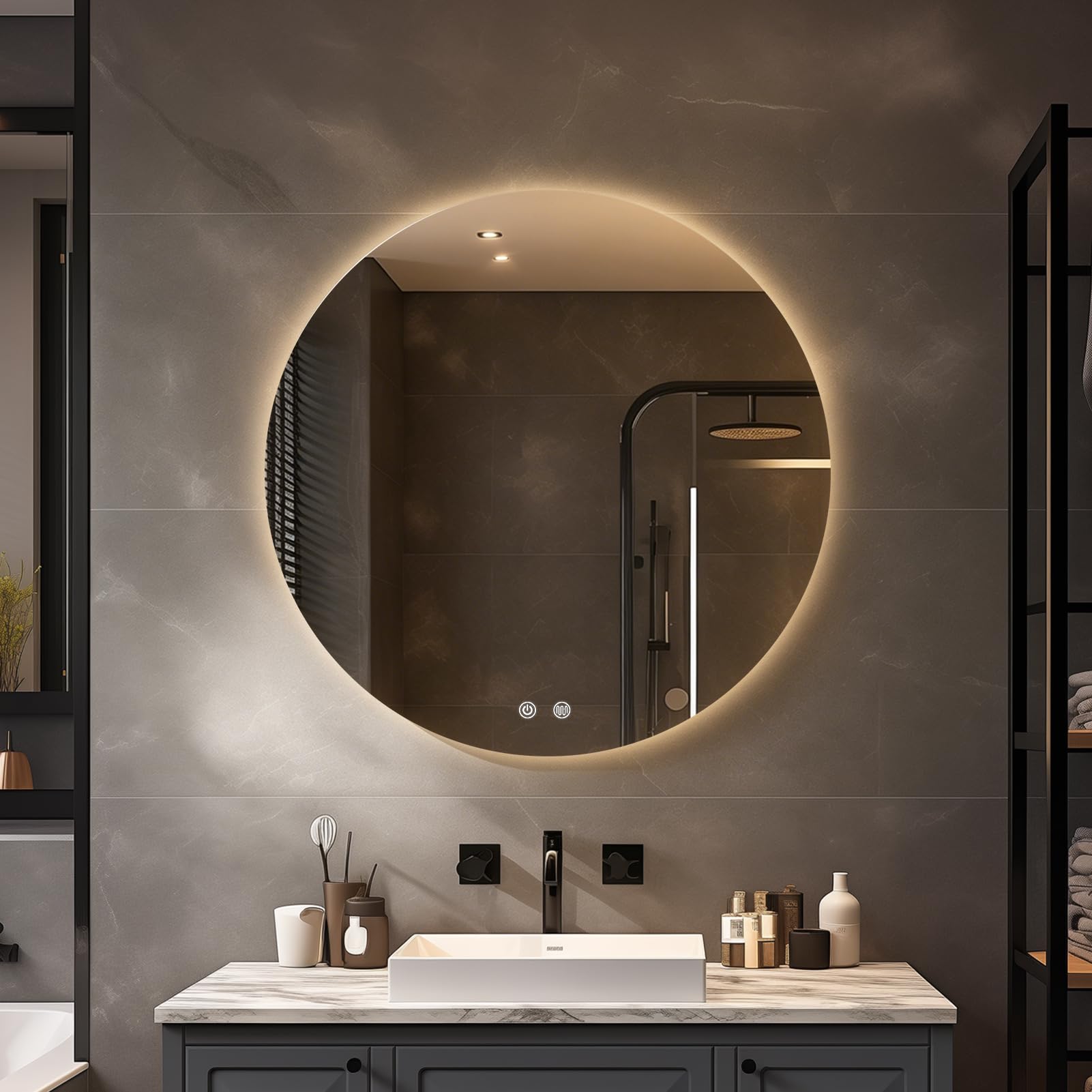 Warmiehomy Round Bathroom Mirror with Lights,50cm Illuminated LED Bathroom Mirror with 3 Colour Lighting Demister Pad Touch Switch