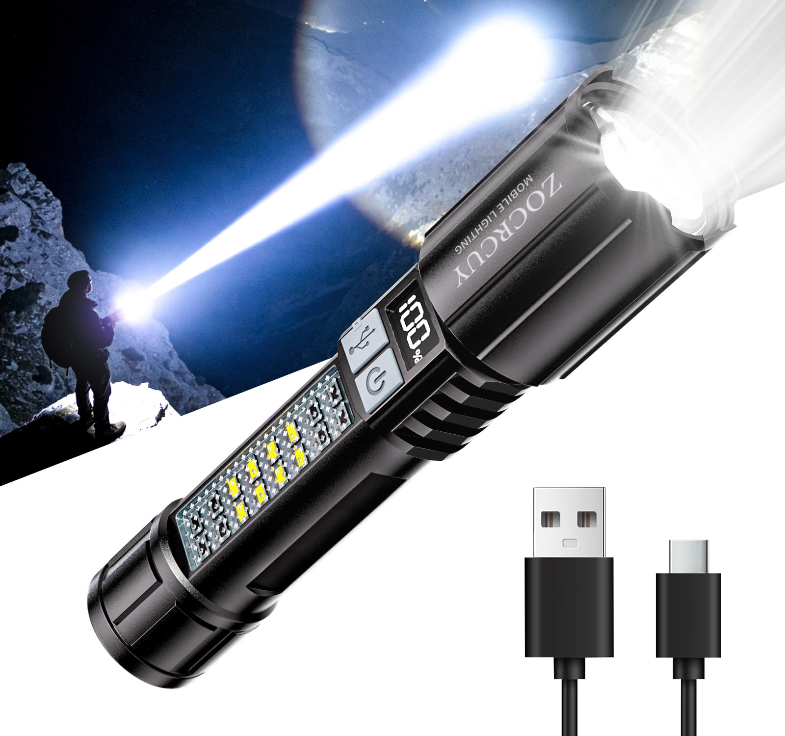 Torce ricaricabili 2000 High Lumens Flash Light Super Bright COB Torcia 5 modalità Zoomable con display digitale LCD Casa Campeggio Luce Flash di emergenza