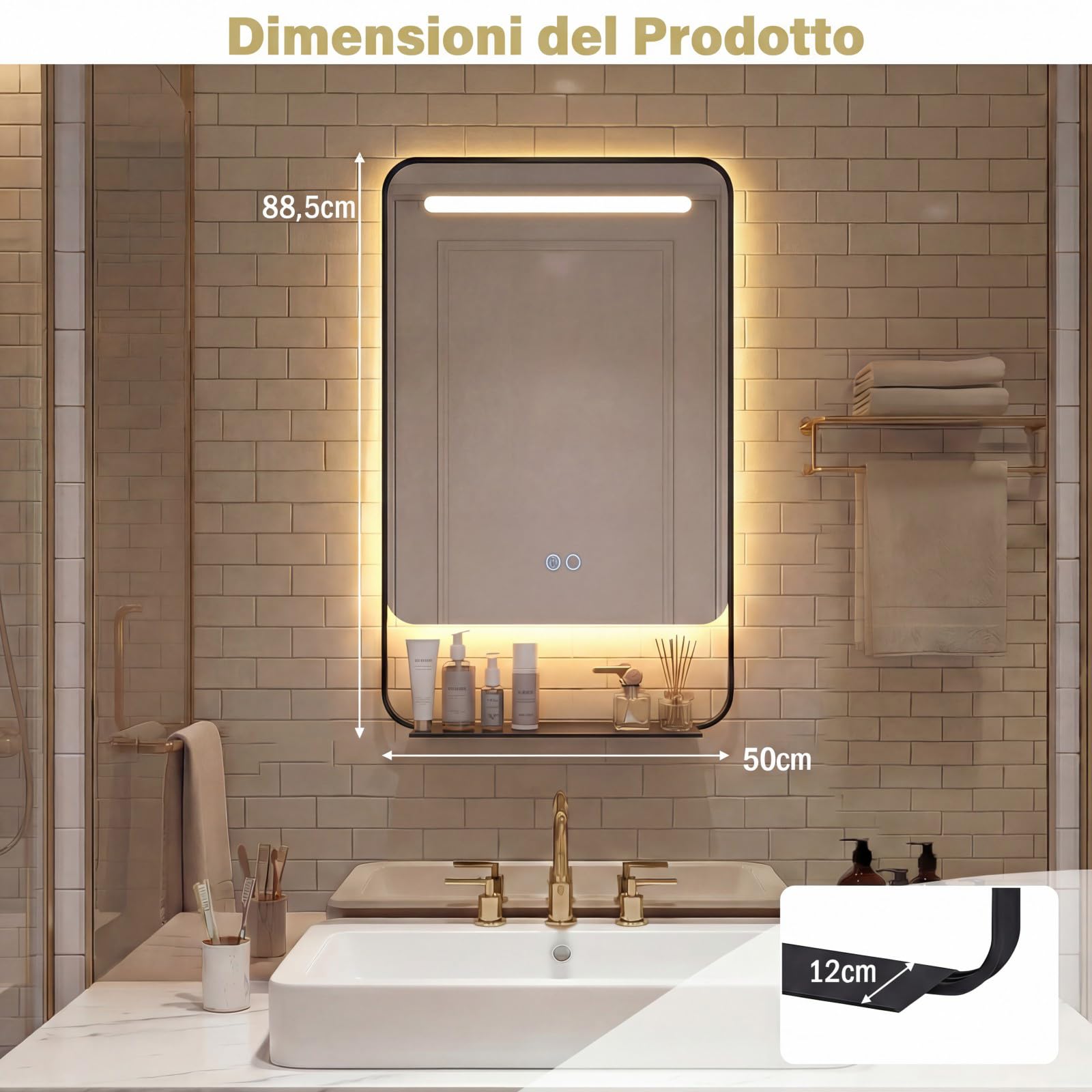COSTWAY Specchio da Bagno LED 80 x 60 cm con Mensola, Specchio da Trucco con Cornice in Alluminio, Funzione Antiappannamento, 3 Colori di Luce e Luminosità Regolabile, Specchio da Parete