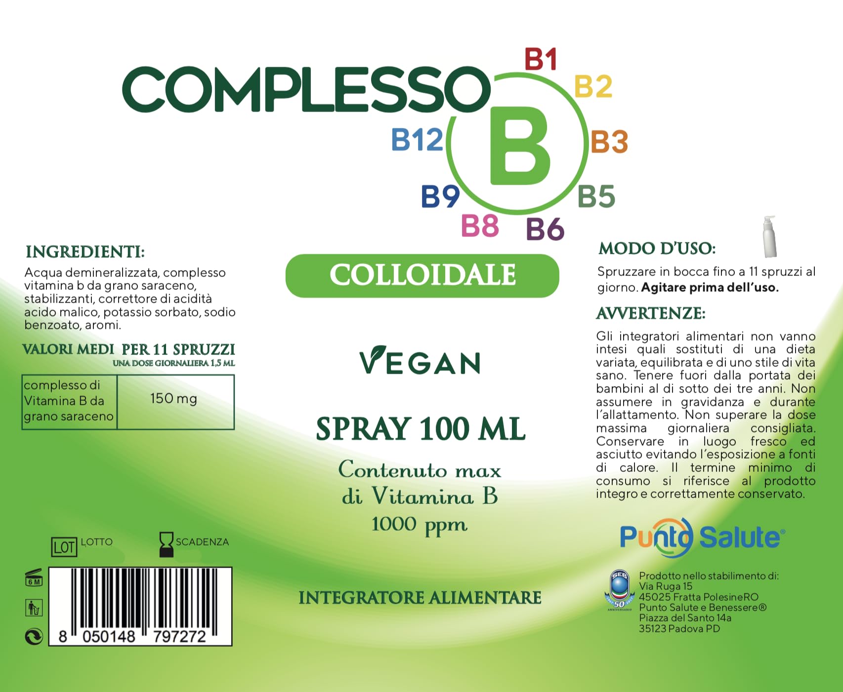 Complesso B Colloidale - Punto Salute e Benessere - Spray 100 ml, Vitamina B completa, Integratore alimentare, Vitamine del gruppo B, Massimo Assorbimento