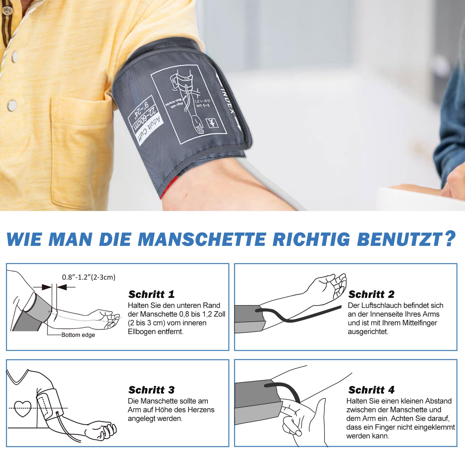 Blutdruckmanschette Ersatz - Comfortable Extra Große Manschette für Erwachsene mit Größe Oberarm, 22-60cm Armumfang, Kompatibel mit den Meisten Blutdruckmessgeräten - 6 Anschlüsse