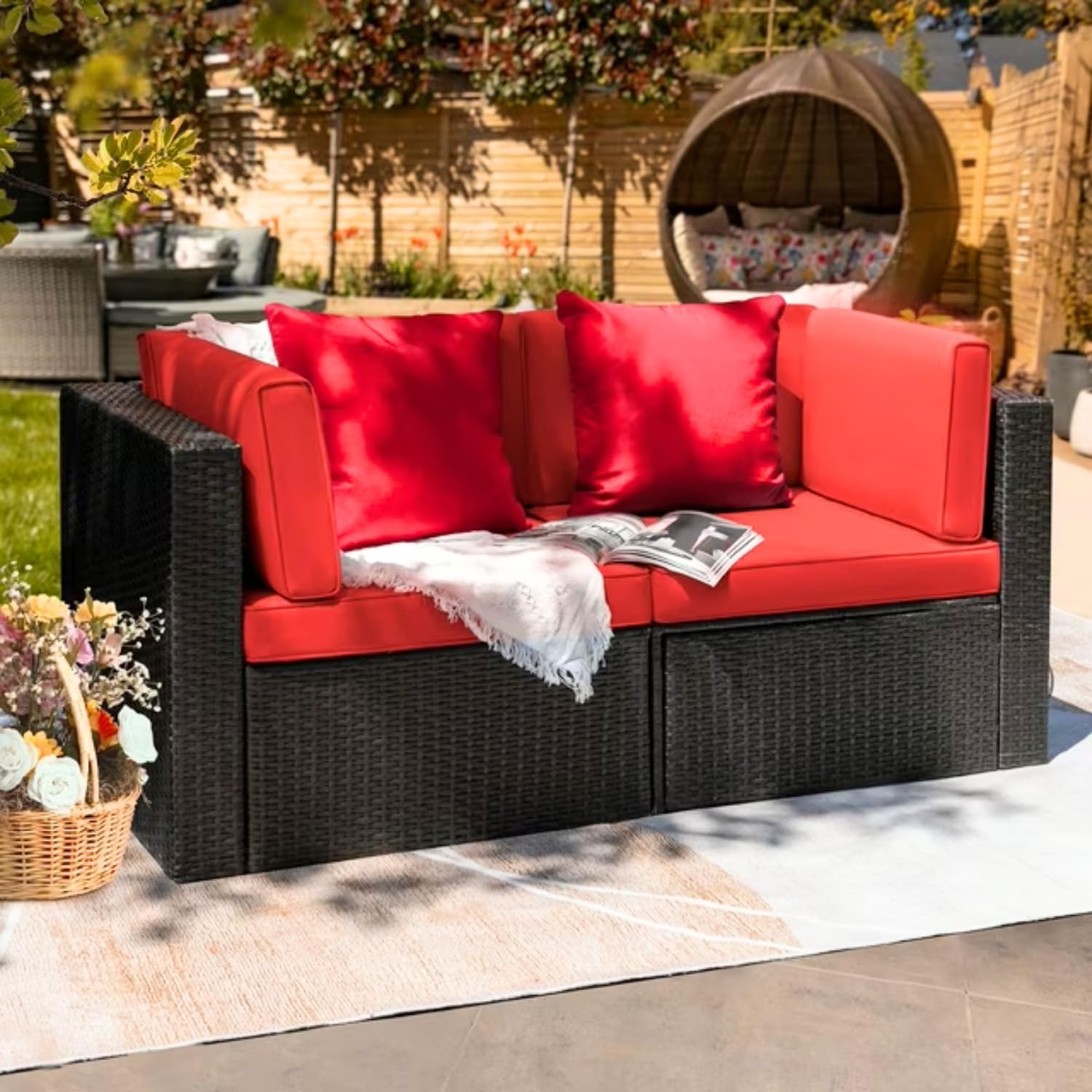 DEVOKO 1 Piece Patio Wicker Sofa Loveseat with Removable All Weather Cushion Furniture for Outdoor, Garden, Balcony, Terrace (Dark Brown & Red)-image-20