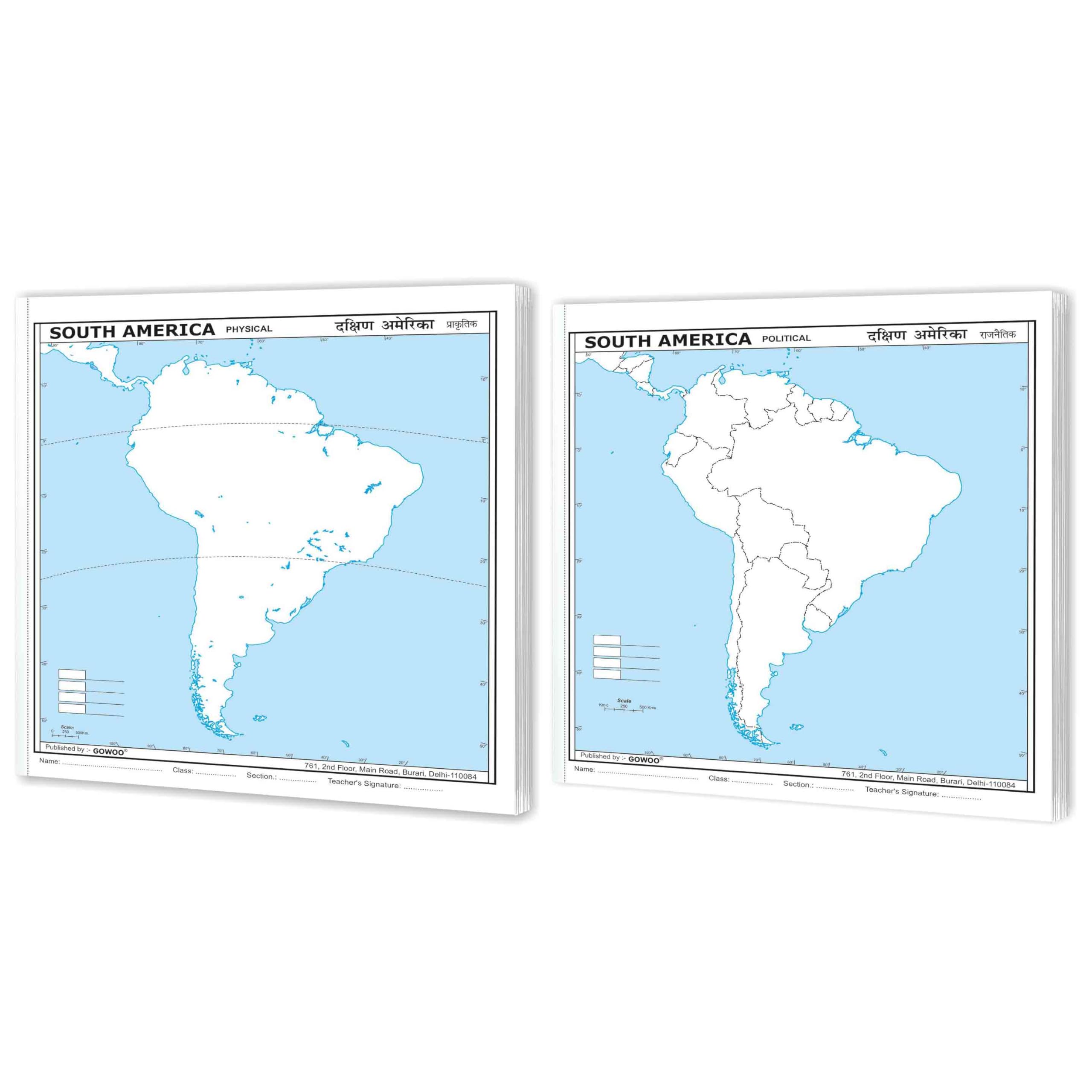 SMALL - 100 SOUTH AMERICA POLITICAL OUTLINE MAP FOR SCHOOL and SMALL - 100 SOUTH AMERICA PHYSICAL OUTLINE MAP FOR SCHOOL | Combo of 2