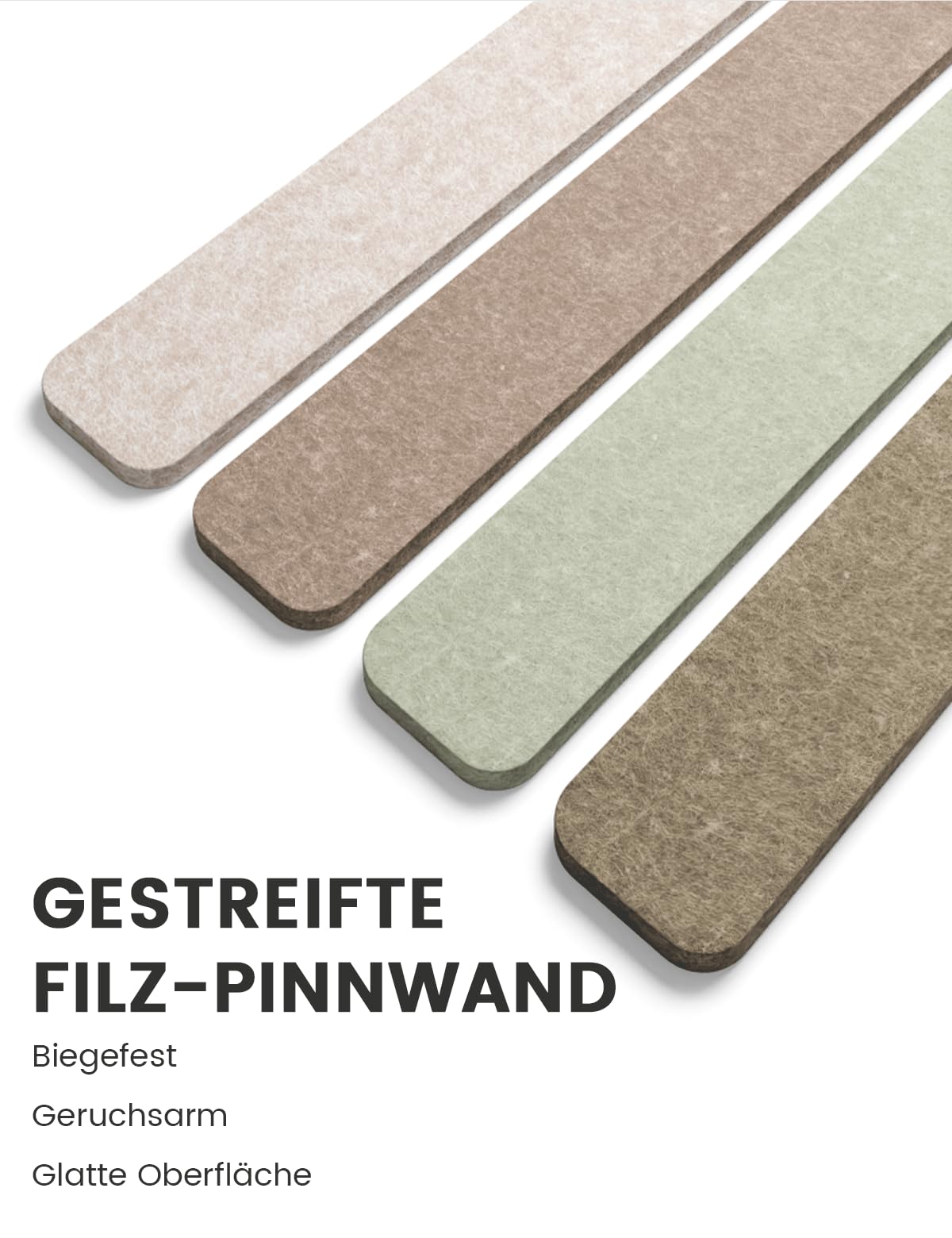 Fluxynara Filz-Pinnwand Streifen als Korkplatten-Alternative, 8 Stück, 33 x 5 cm, selbstklebende Fotowand mit 50 Reißzwecken für Homeoffice und Schlafzimmertür (Leinenmix)