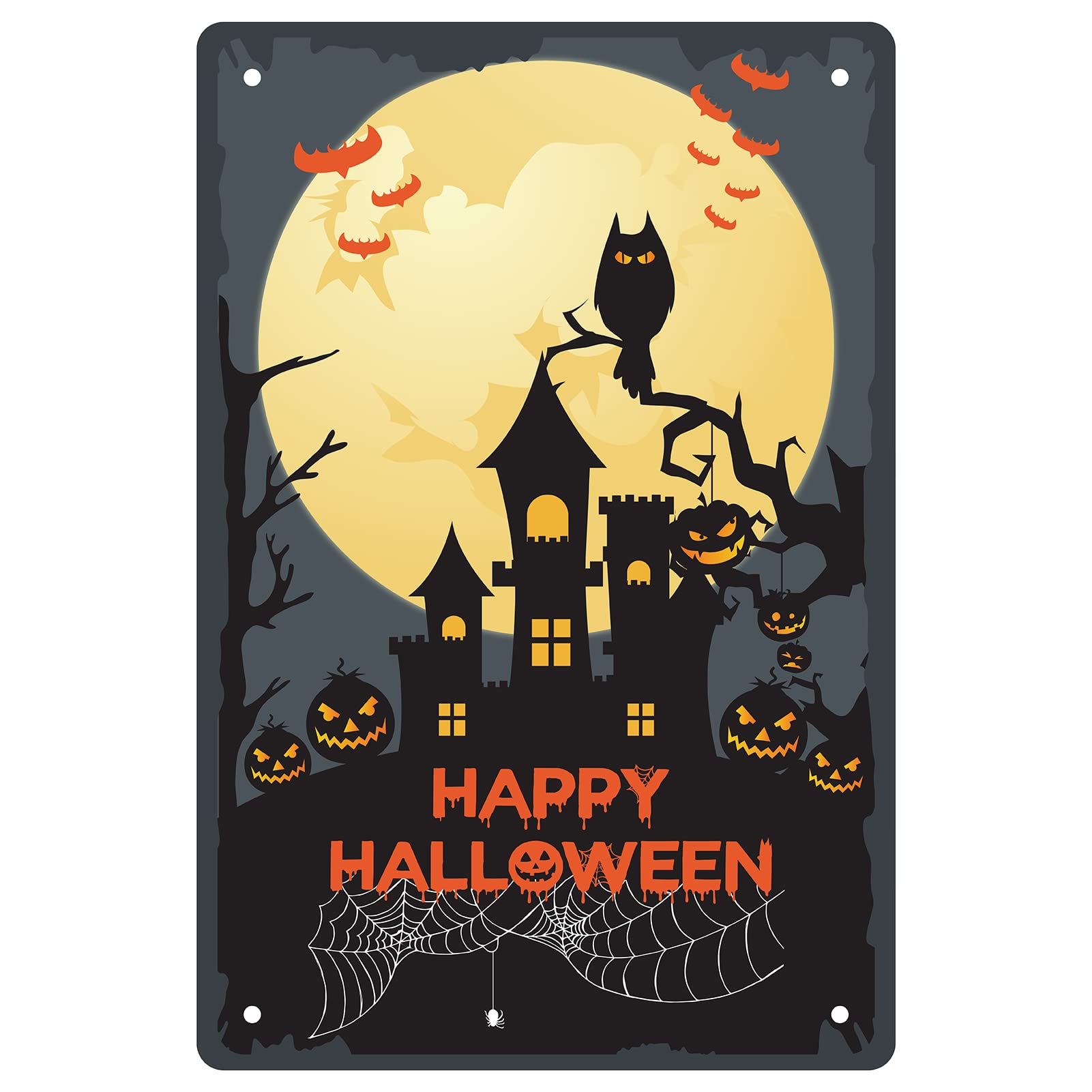 CREATCABIN Retro Metal Tin Sign Vintage Happy Halloween with Pumpkin Sign Castle Welcome Bats Ghost Witch Sign for Home Coffee Kitchen Wall Decor 12 x 8 Inch โ image 1